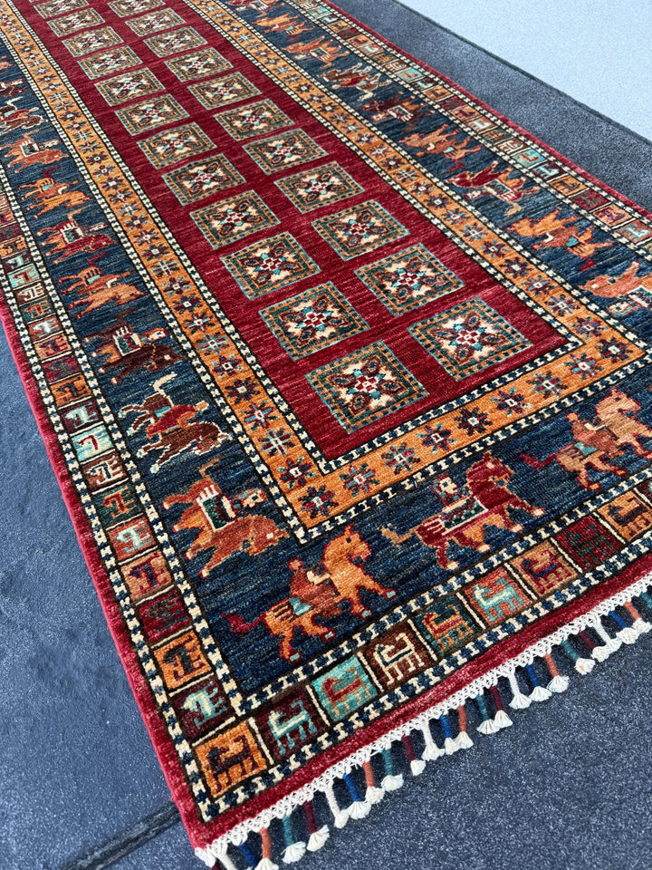 3x10 Handmade Afghan Runner Rug | Crimson Red Teal Turquoise Olive Green Yellow Royal Navy Blue Ivory White Orange | Turkish Oushak Serapi