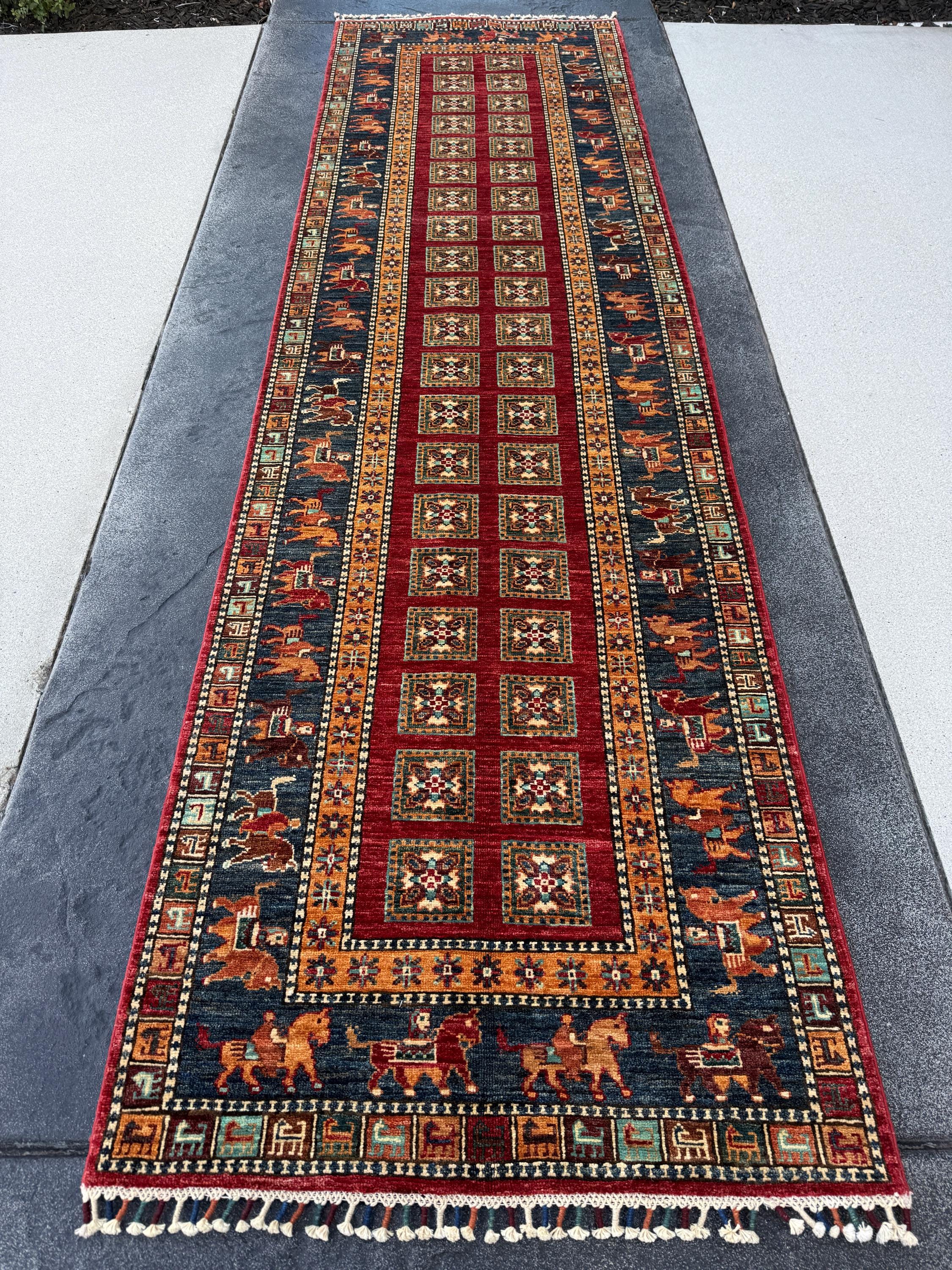 3x10 Handmade Afghan Runner Rug | Crimson Red Teal Turquoise Olive Green Yellow Royal Navy Blue Ivory White Orange | Turkish Oushak Serapi