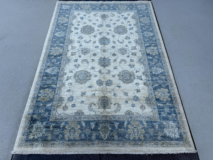 4x6 (121x182) Handmade Afghan Rug | Cream Denim Prussian Powder Blue Beige Taupe Grey Gray | Wool Handknotted Tribal Boho Floral