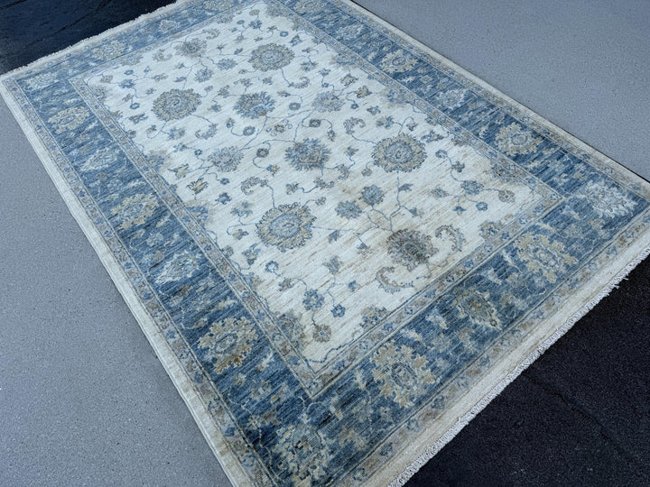 4x6 (121x182) Handmade Afghan Rug | Cream Denim Prussian Powder Blue Beige Taupe Grey Gray | Wool Handknotted Tribal Boho Floral