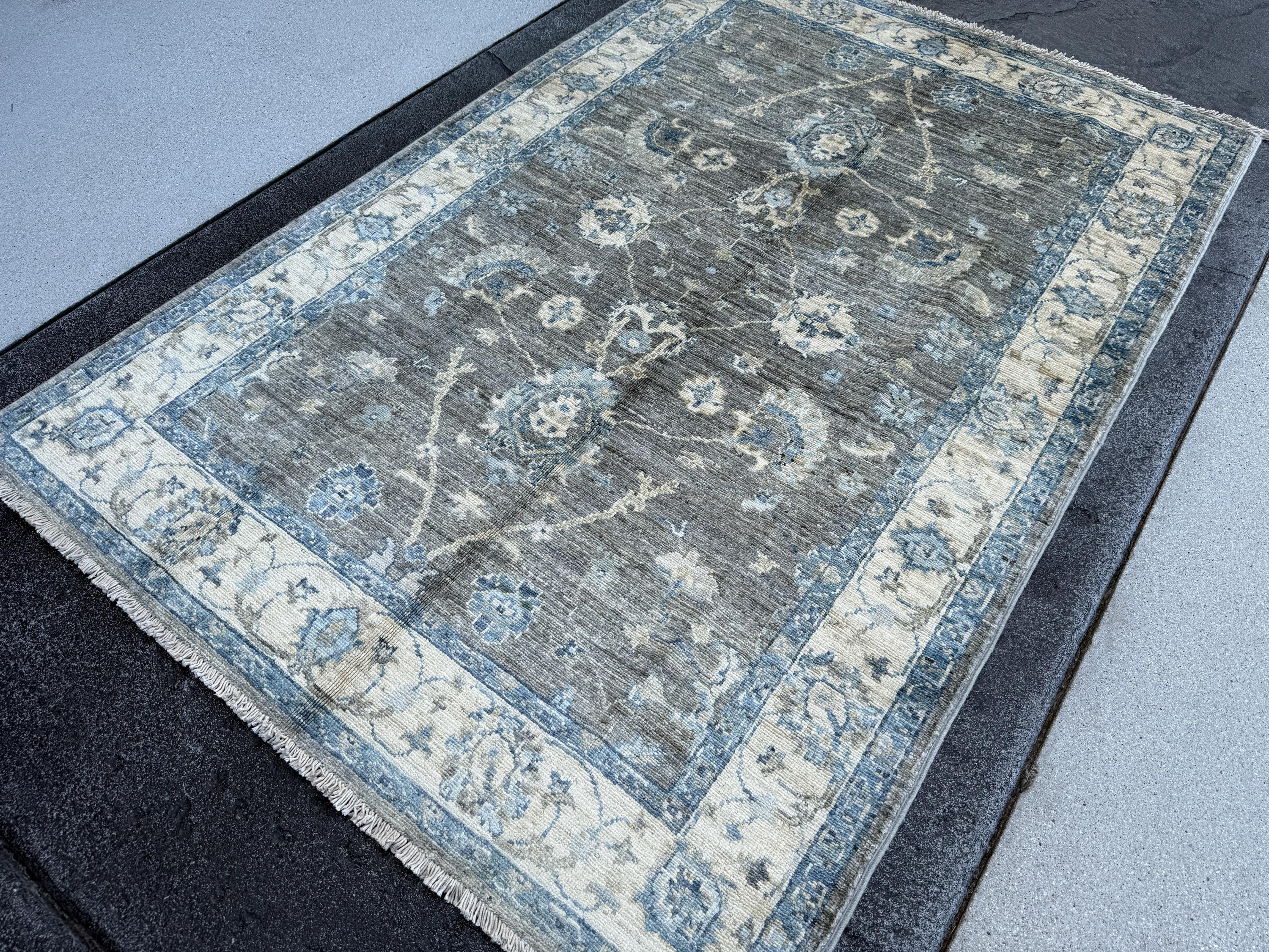 3-4x5 (121x152) Handmade Afghan Rug | Muted Slate Blue Dusty Grey Gray Cream Beige Taupe Stone Ivory | Wool Tribal Persian Boho Floral