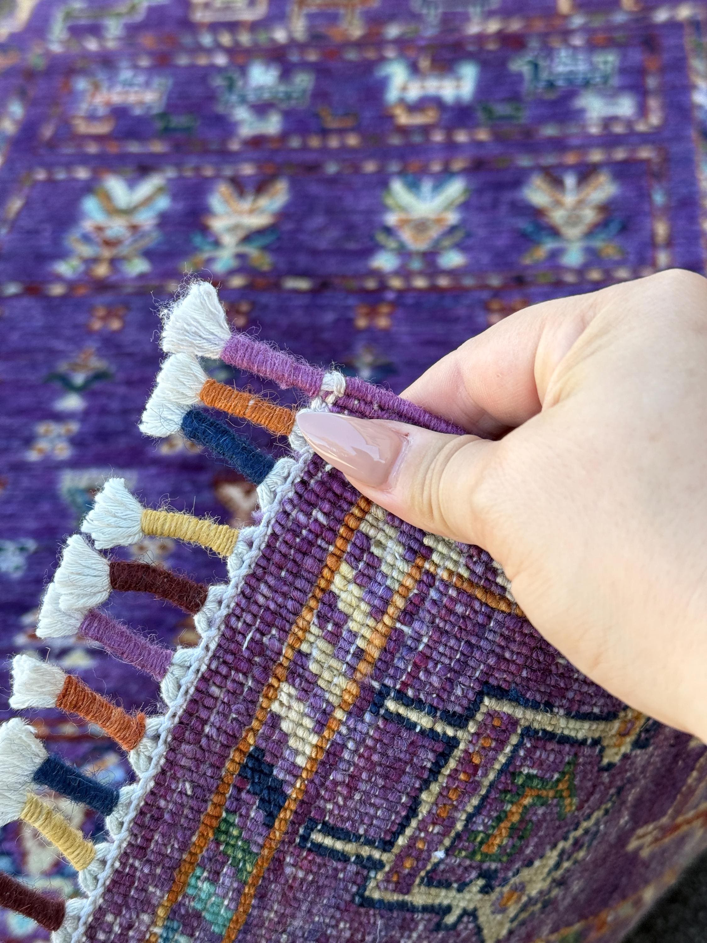 3x4 Handmade Afghan Rug | Purple Sage Green Crimson Red Burnt Orange Golden Yellow Ivory Teal Midnight Blue | Gabbeh Wool Handknotted Tribal