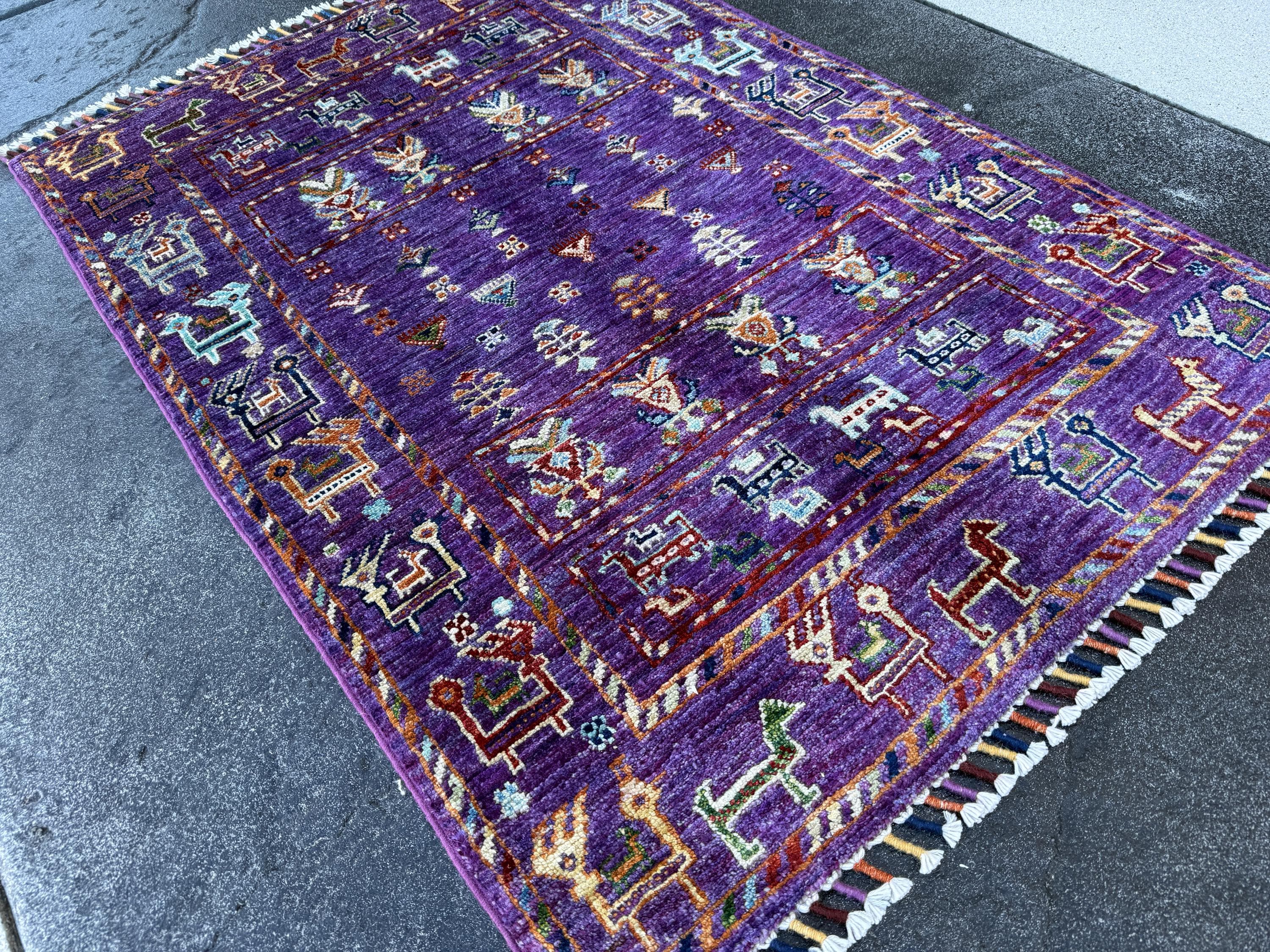 3x4 Handmade Afghan Rug | Purple Sage Green Crimson Red Burnt Orange Golden Yellow Ivory Teal Midnight Blue | Gabbeh Wool Handknotted Tribal