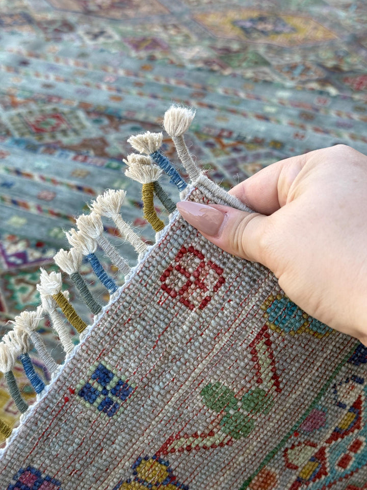 5x7 Handmade Afghan Rug | Muted Grey Teal Beige Purple Denim Blue Mustard Yellow Green Brown Burgundy Cream | Khorjin Nomadic Tribal Wool