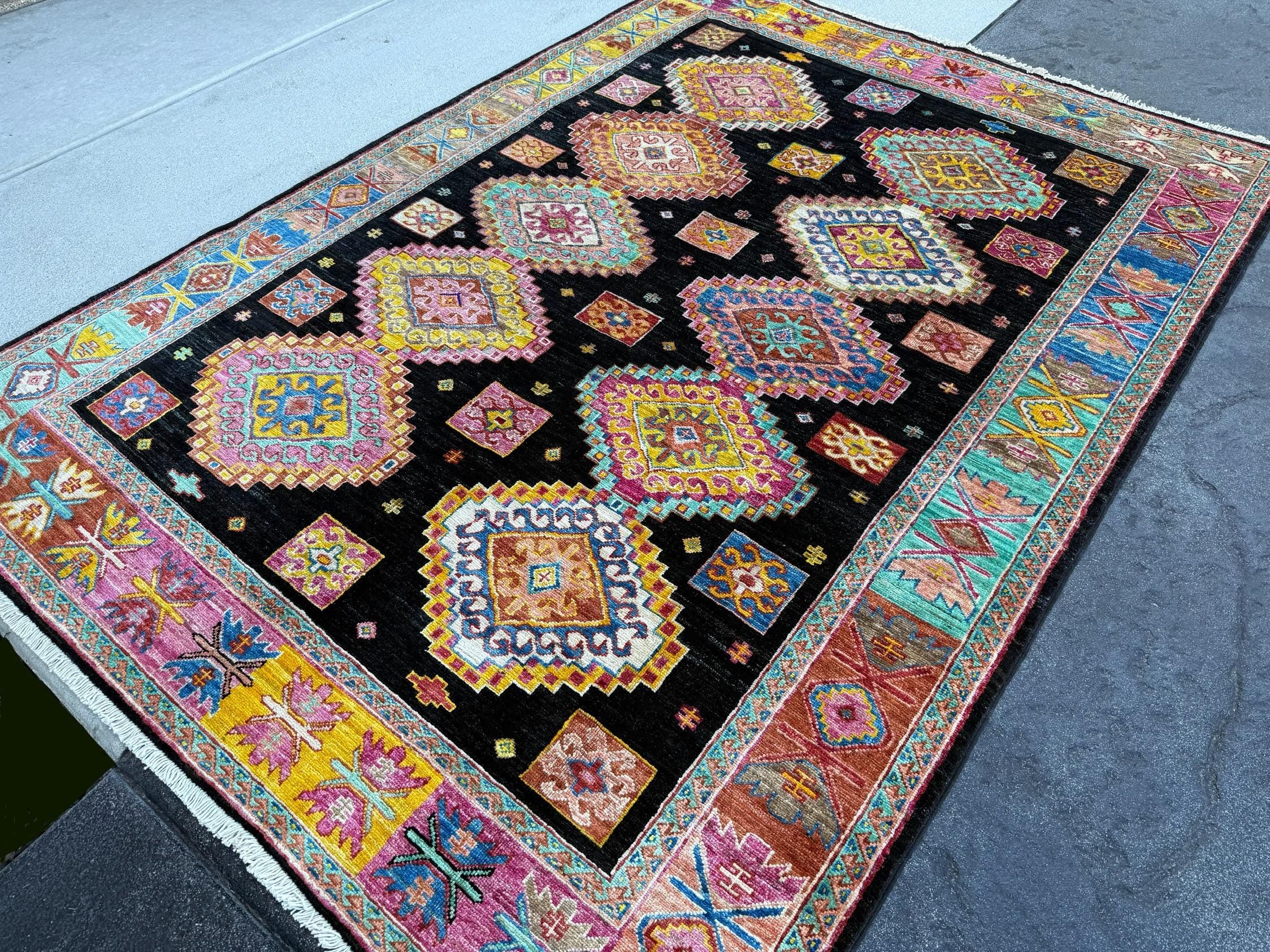 5x7 Handmade Afghan Rug | Black Bright Yellow Magenta Aqua Denim Blue Teal Turquoise Peach Ivory Cream Earthy Mocha Brown | Kazak Kazakh