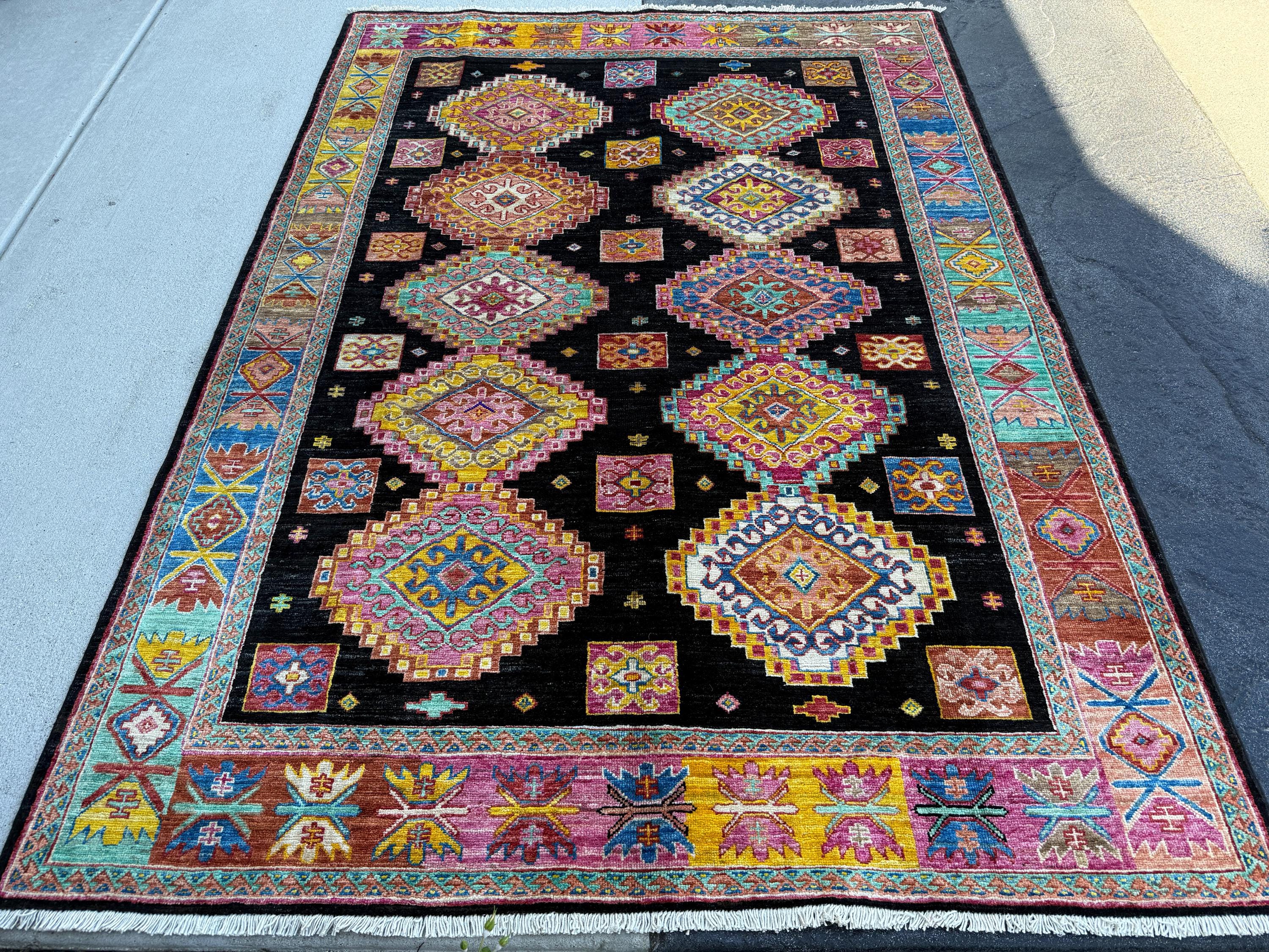 5x7 Handmade Afghan Rug | Black Bright Yellow Magenta Aqua Denim Blue Teal Turquoise Peach Ivory Cream Earthy Mocha Brown | Kazak Kazakh