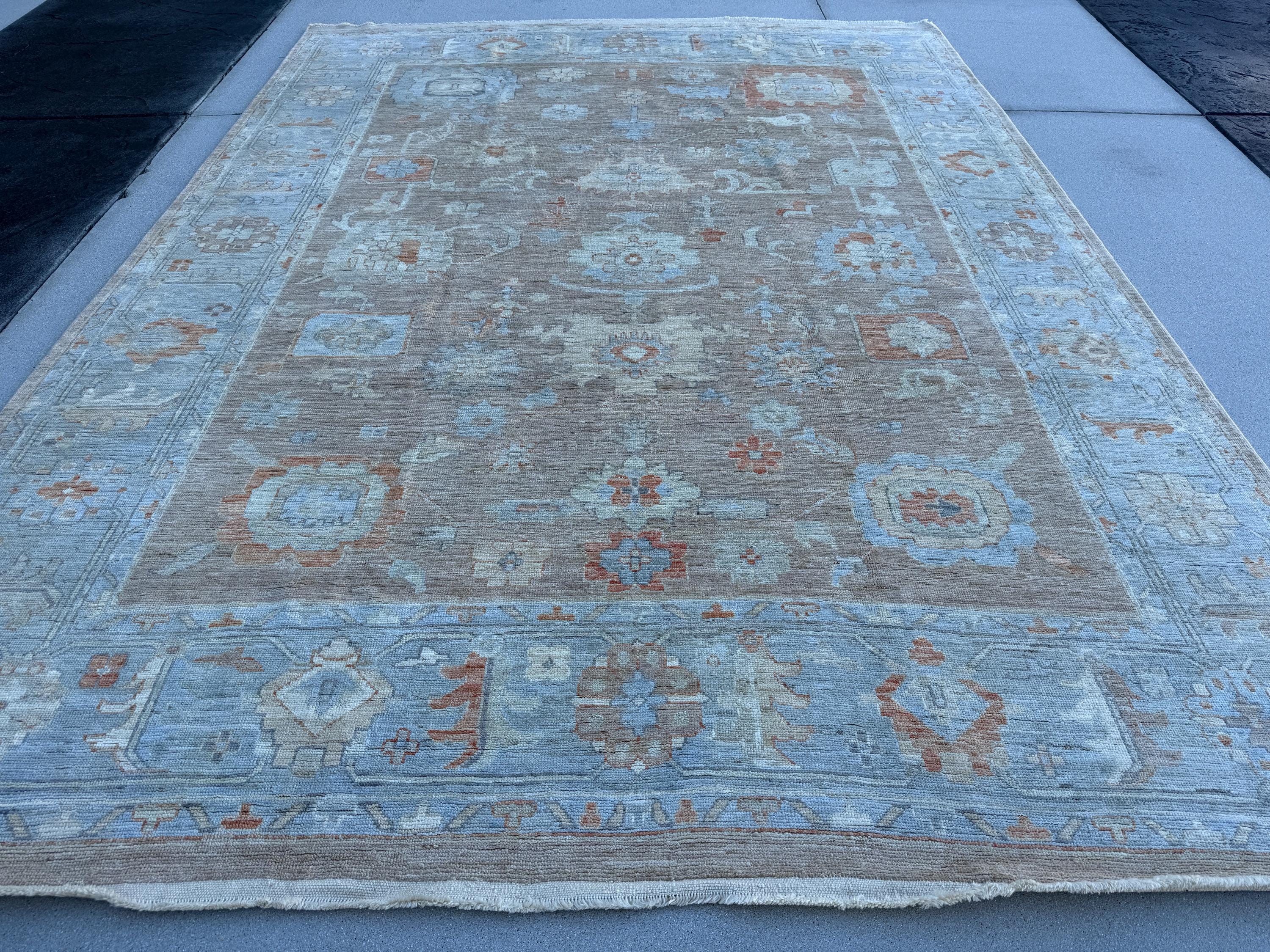 9x12 (274 x 373) Handmade Afghan Rug | Greige Neutral Light Grey Denim Powder Duck Egg Blue Rust Brick Red Taupe Beige Cream Ivory