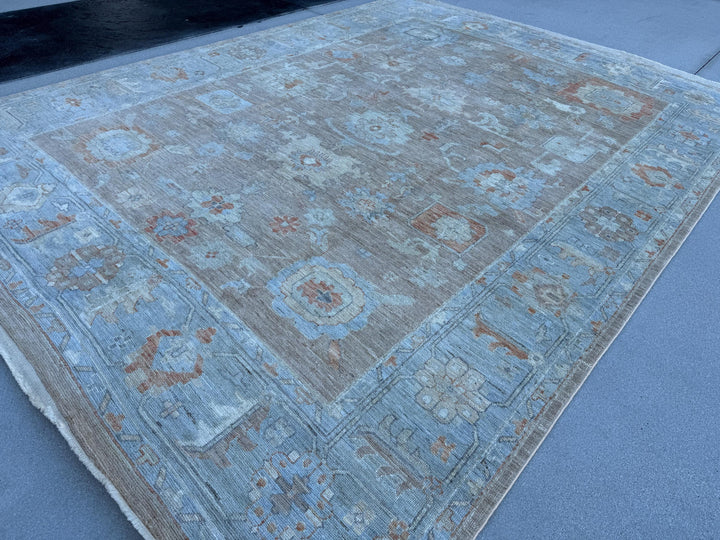 9x12 (274 x 373) Handmade Afghan Rug | Greige Neutral Light Grey Denim Powder Duck Egg Blue Rust Brick Red Taupe Beige Cream Ivory