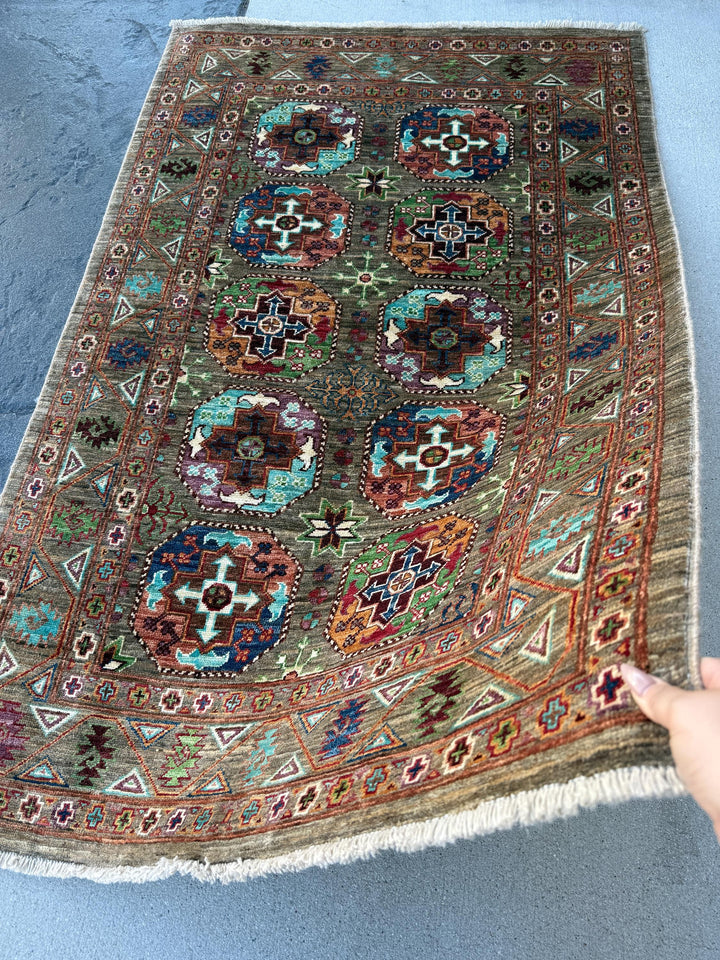 4x6 Handmade Afghan Rug | Earthy Khaki Olive Forest Green Burgundy Turquoise Navy Blue Lavender Purple Orange White Cream Brown Gabbeh Wool