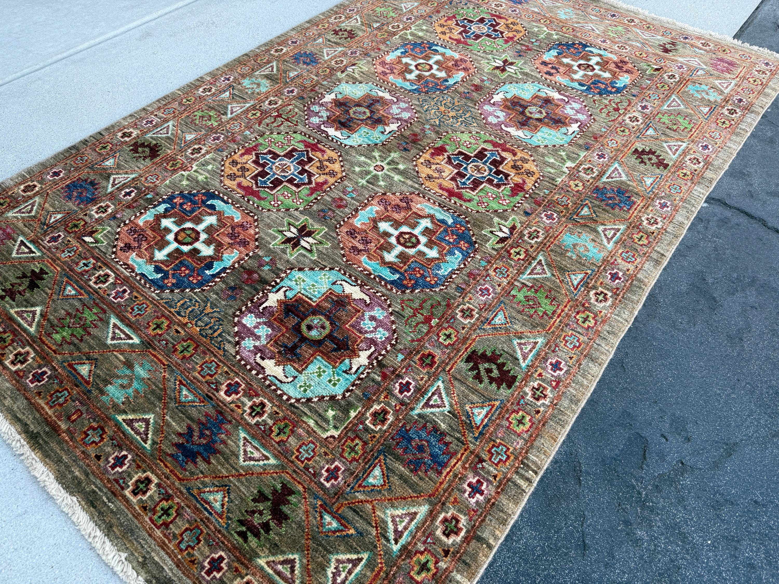 4x6 Handmade Afghan Rug | Earthy Khaki Olive Forest Green Burgundy Turquoise Navy Blue Lavender Purple Orange White Cream Brown Gabbeh Wool