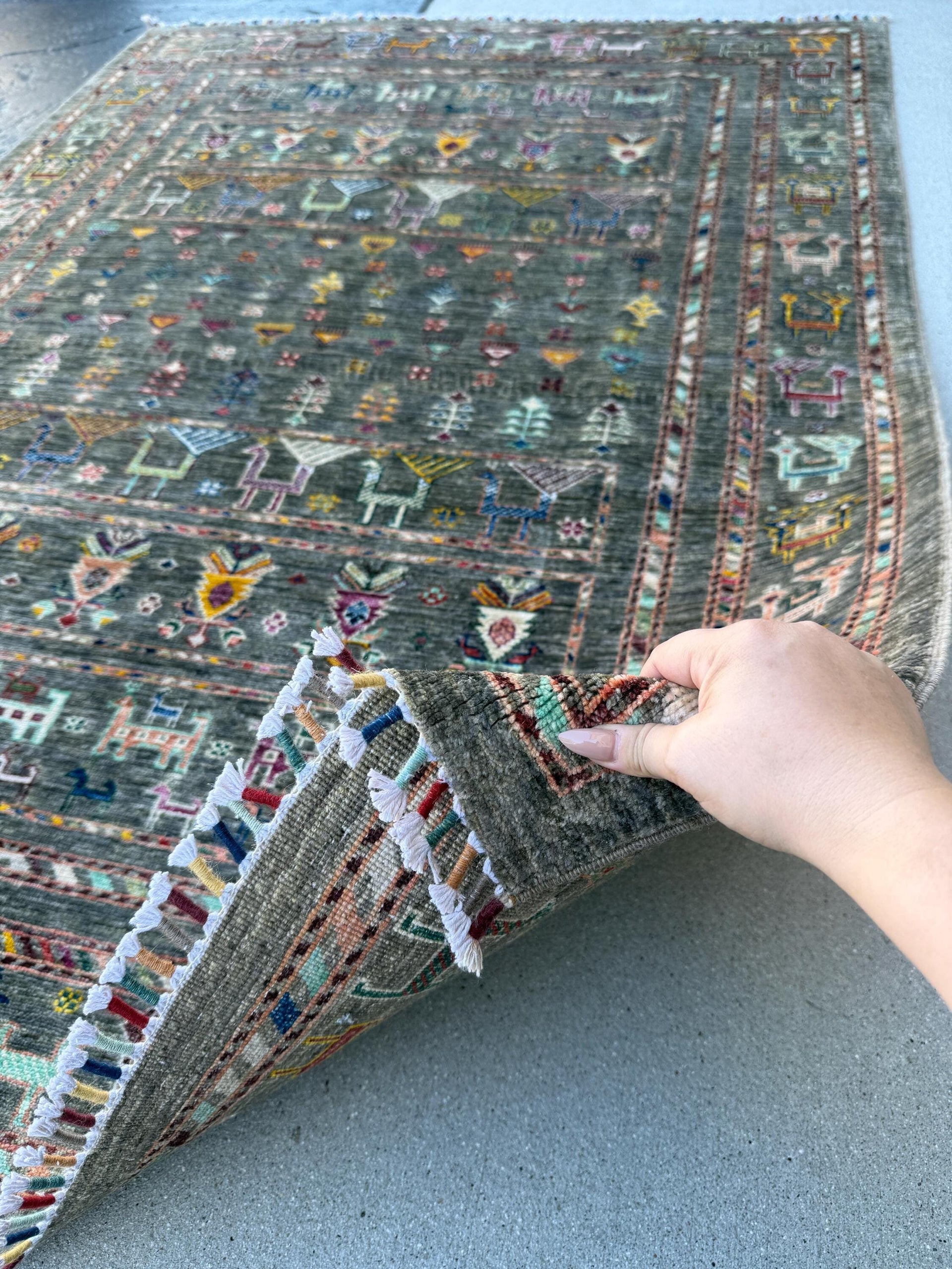 5x7 Handmade Afghan Rug | Grey Sage Green Red Yellow Navy Blue Peach Brown Lavender Purple Beige Ivory Teal | Gabbeh Animals Wool Tribal