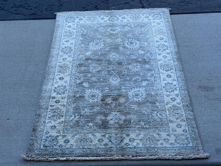 3x4 (83 x 127) Handmade Afghan Rug | Gray Beige Tan Taupe Ivory Cream Light Blue | Gabbeh Wool Handknotted Tribal Handwoven Traditional