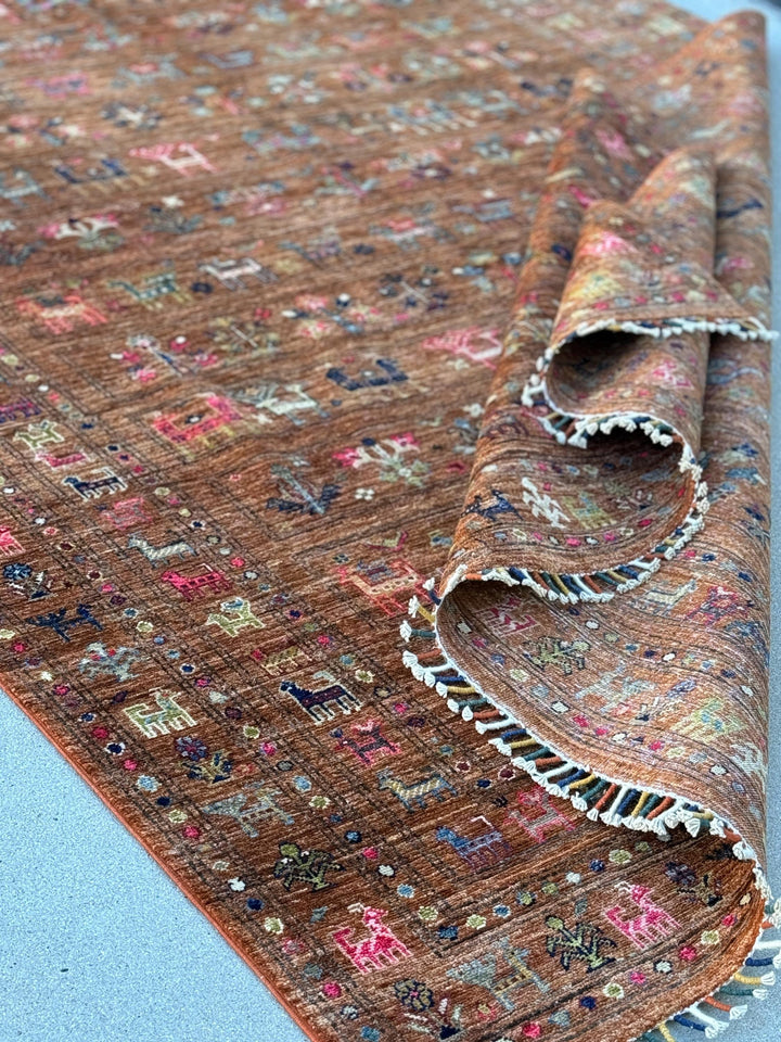 6x10 (198 x 297cm) Handmade Afghan Rug | Terracotta Copper Orange Taupe Denim Prussian Powder Blue Magenta Lime Green Gold Slate Grey Ivory