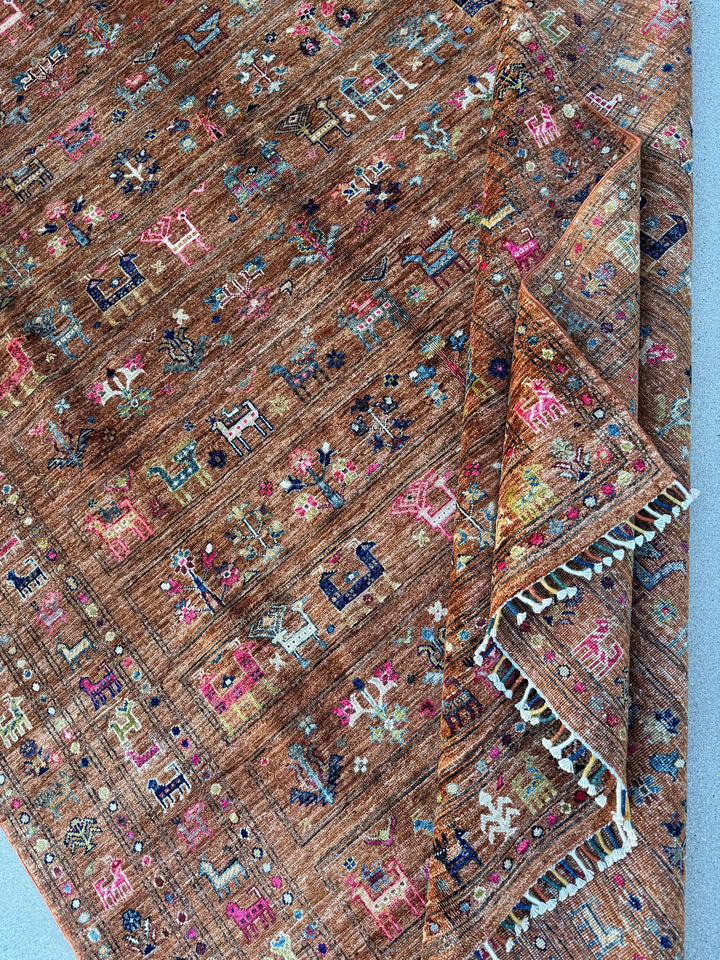 6x10 (198 x 297cm) Handmade Afghan Rug | Terracotta Copper Orange Taupe Denim Prussian Powder Blue Magenta Lime Green Gold Slate Grey Ivory