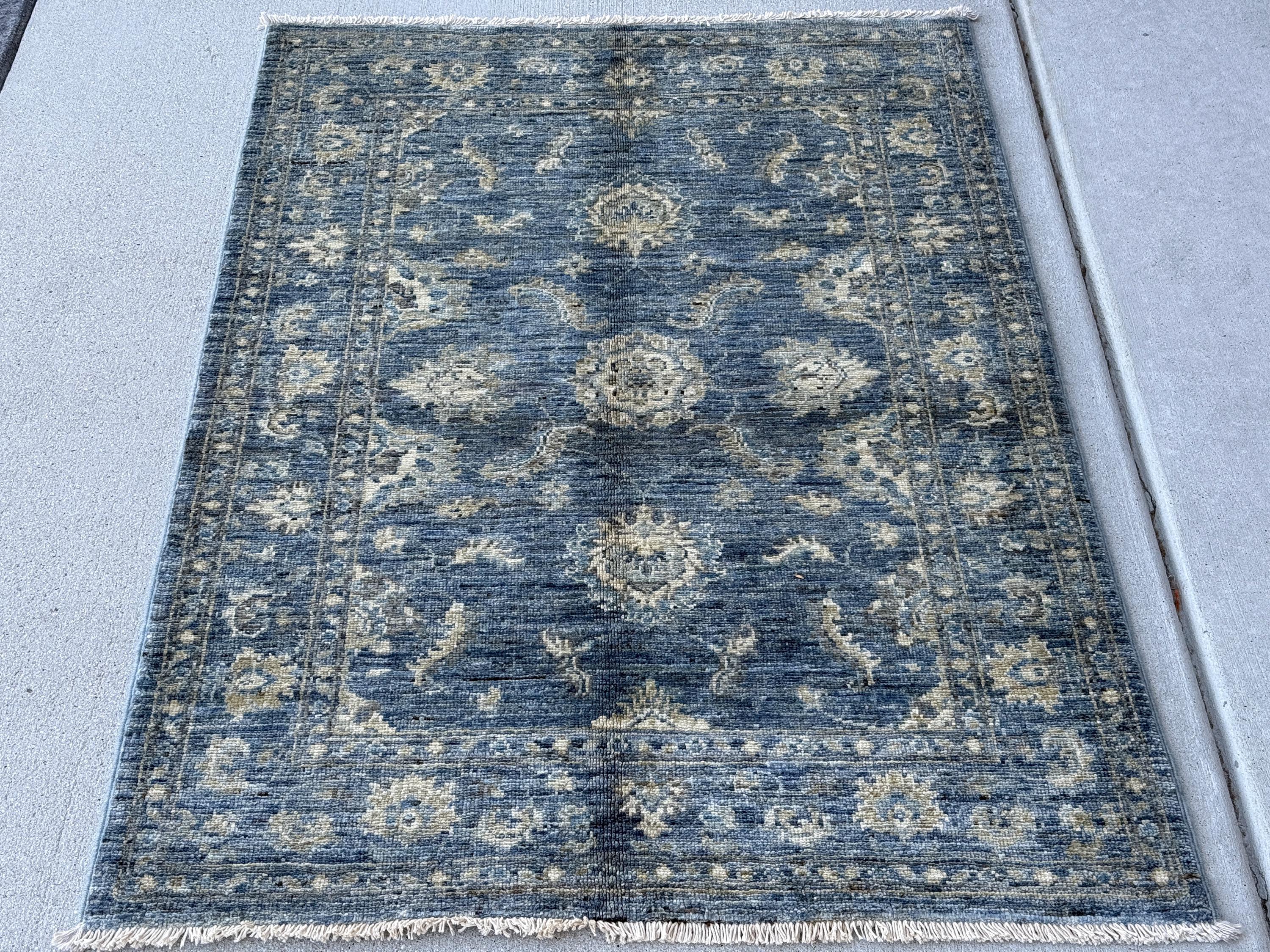 3x4 Handmade Afghan Rug | Distressed Blue Ivory Beige Light Grey Gold | Gabbeh Wool Handknotted Tribal Persian Boho Handwoven Traditional