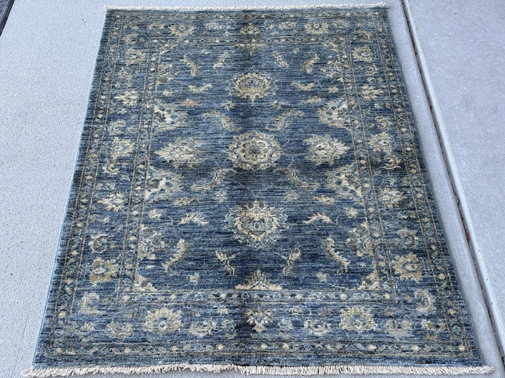 3x4 Handmade Afghan Rug | Denim Prussian Blue Ivory Cream Beige Grey Gray Taupe Gold | Wool Handknotted Persian Boho Handwoven Traditional