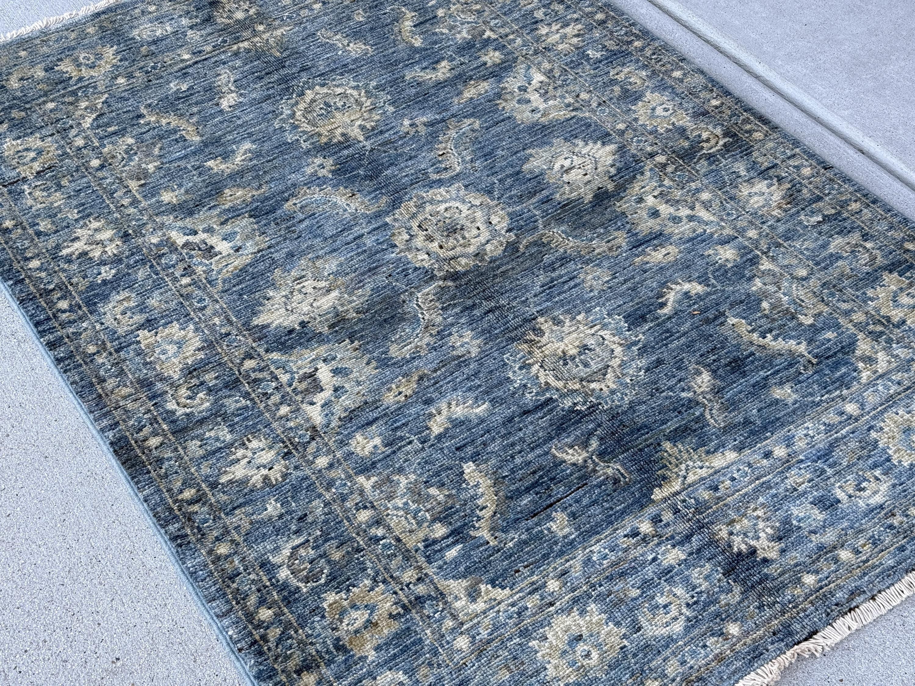 3x4 Handmade Afghan Rug | Denim Prussian Blue Ivory Cream Beige Grey Gray Taupe Gold | Wool Handknotted Persian Boho Handwoven Traditional