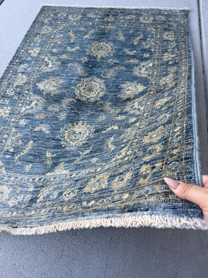 3x4 Handmade Afghan Rug | Distressed Blue Ivory Beige Light Grey Gold | Gabbeh Wool Handknotted Tribal Persian Boho Handwoven Traditional