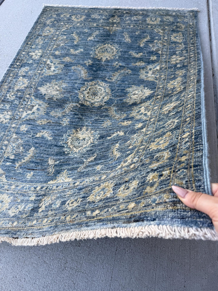 3x4 Handmade Afghan Rug | Denim Prussian Blue Ivory Cream Beige Grey Gray Taupe Gold | Wool Handknotted Persian Boho Handwoven Traditional