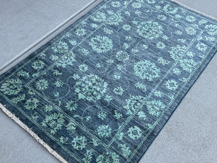 3x4~3x5 Handmade Afghan Rug | Distressed Denim Slate Blue Teal Mint Green Gabbeh Wool Handknotted Tribal Persian Boho Handwoven Traditional