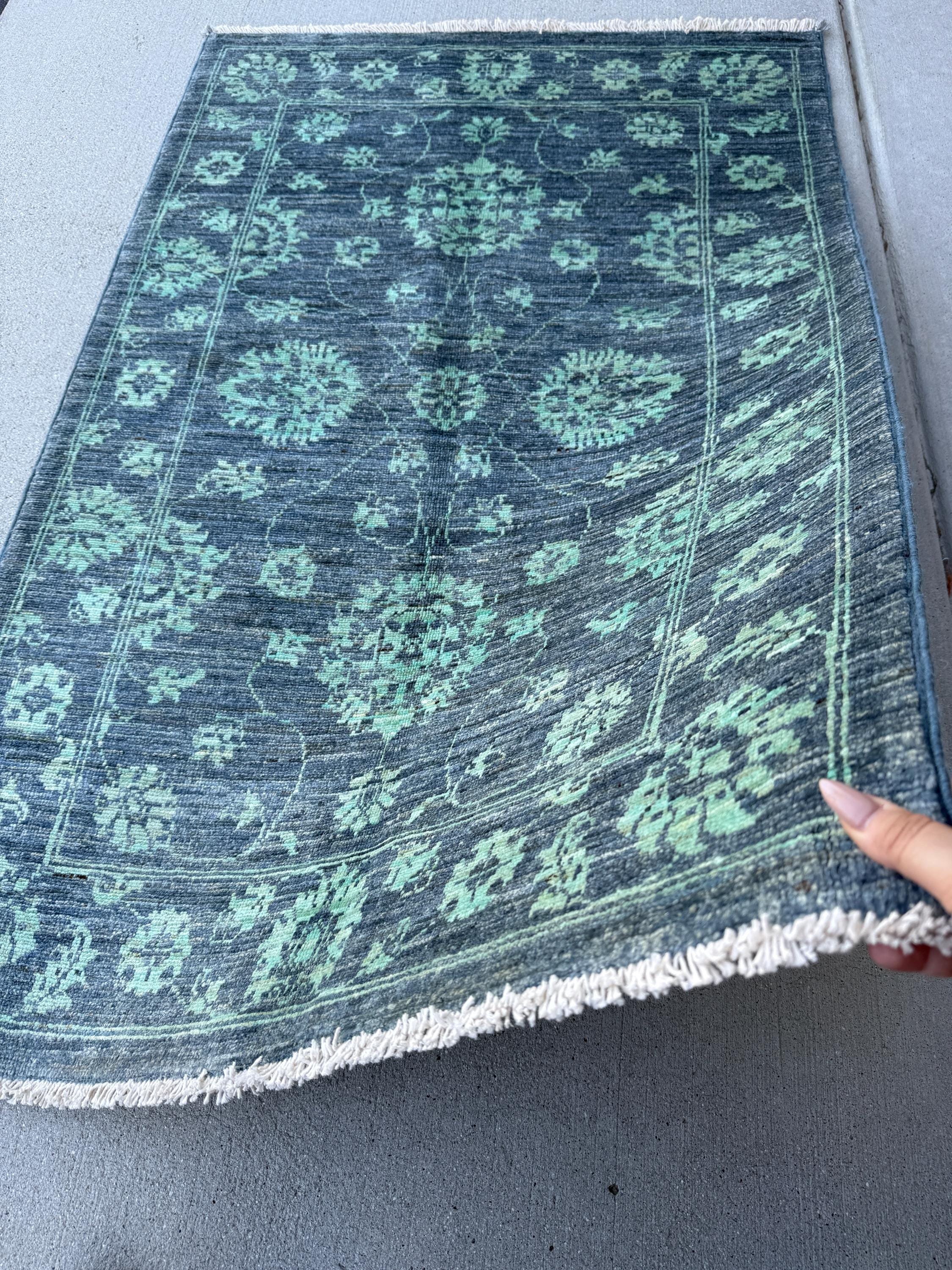 3x4~3x5 Handmade Afghan Rug | Distressed Denim Slate Blue Teal Mint Green Gabbeh Wool Handknotted Tribal Persian Boho Handwoven Traditional