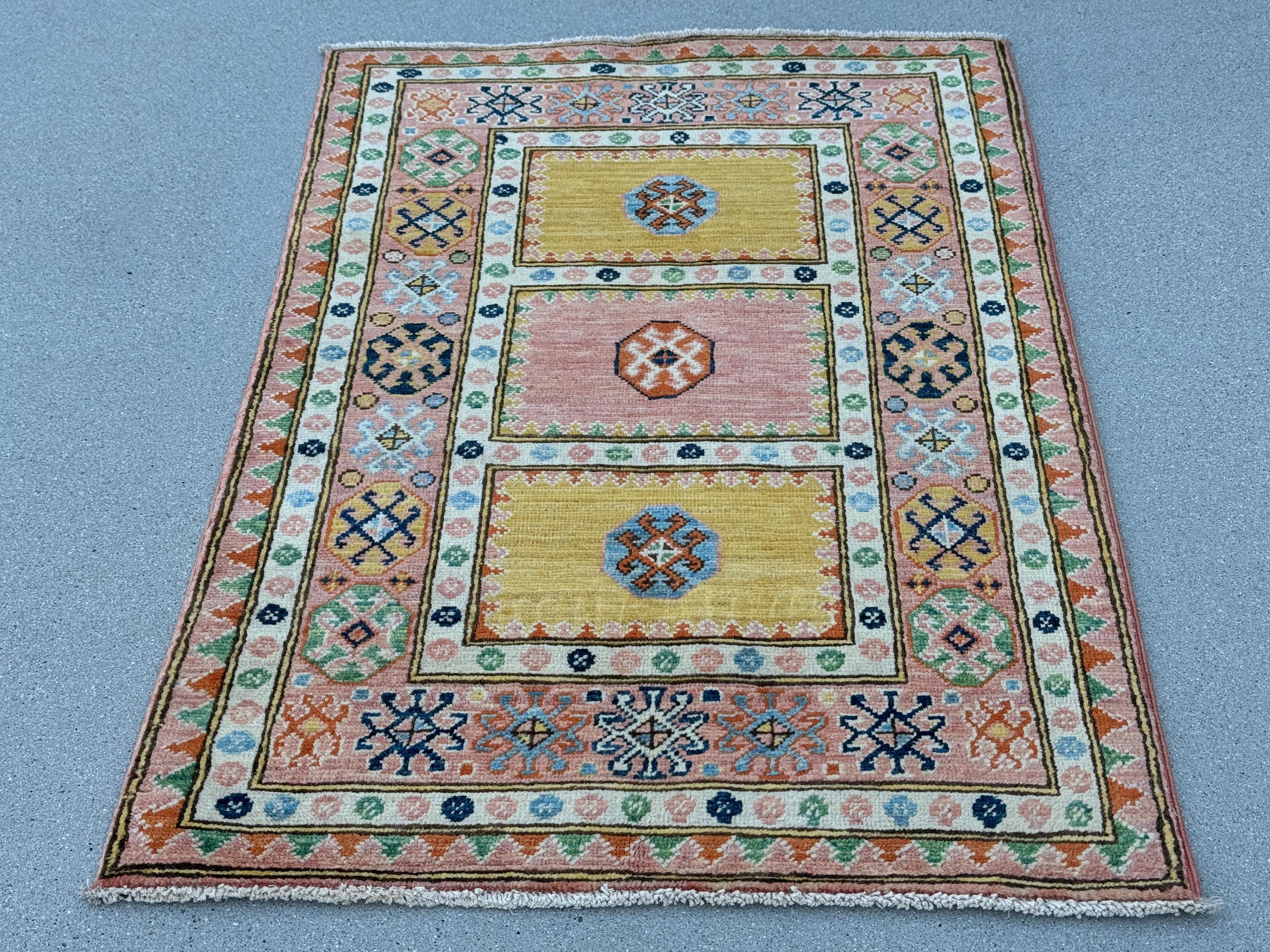 3x5 Handmade Afghan Rug | Mustard Yellow Peach Coral Navy Sky Blue Teal Emerald Green Rust Orange Cream Ivory Gabbeh Wool Handknotted Tribal