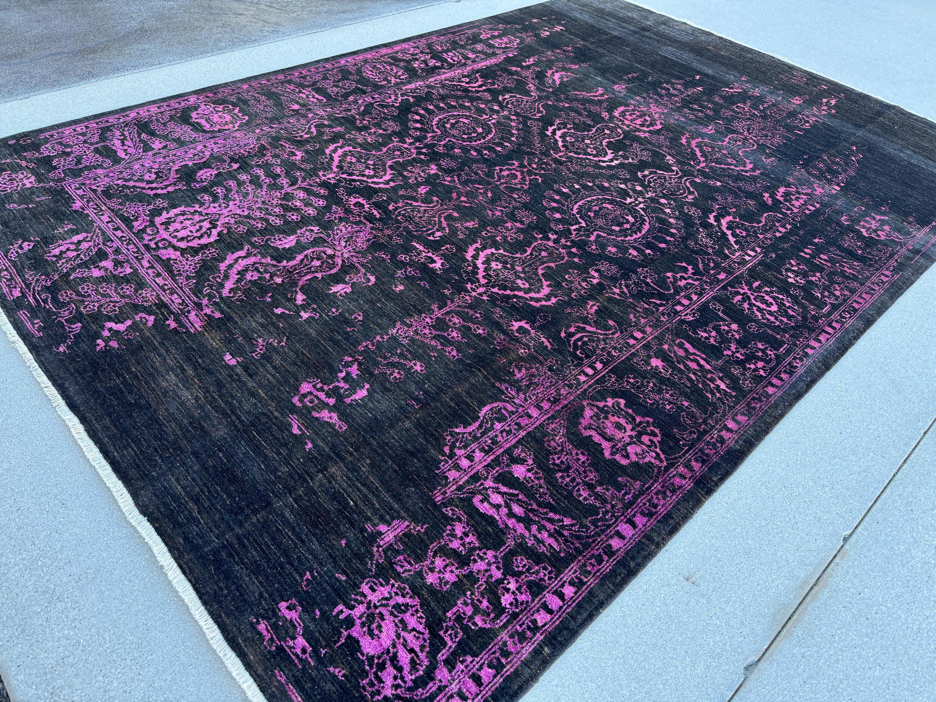 7x10 (203 x 294cm) Handmade Afghan Rug | Black Charcoal Grey Magenta Rose Pink Saffron Gold Cream Ivory | Wool Hand Knotted Heriz Serapi