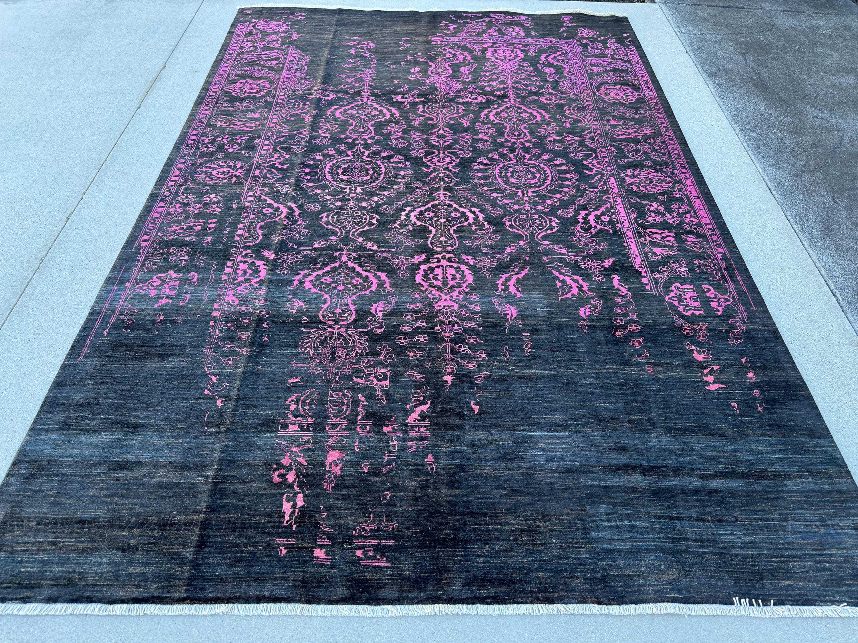 7x10 (203 x 294cm) Handmade Afghan Rug | Black Charcoal Grey Magenta Rose Pink Saffron Gold Cream Ivory | Wool Hand Knotted Heriz Serapi