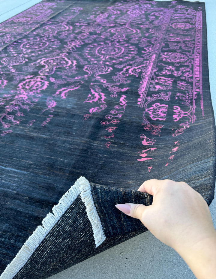 7x10 (203 x 294cm) Handmade Afghan Rug | Black Charcoal Grey Magenta Rose Pink Saffron Gold Cream Ivory | Wool Hand Knotted Heriz Serapi