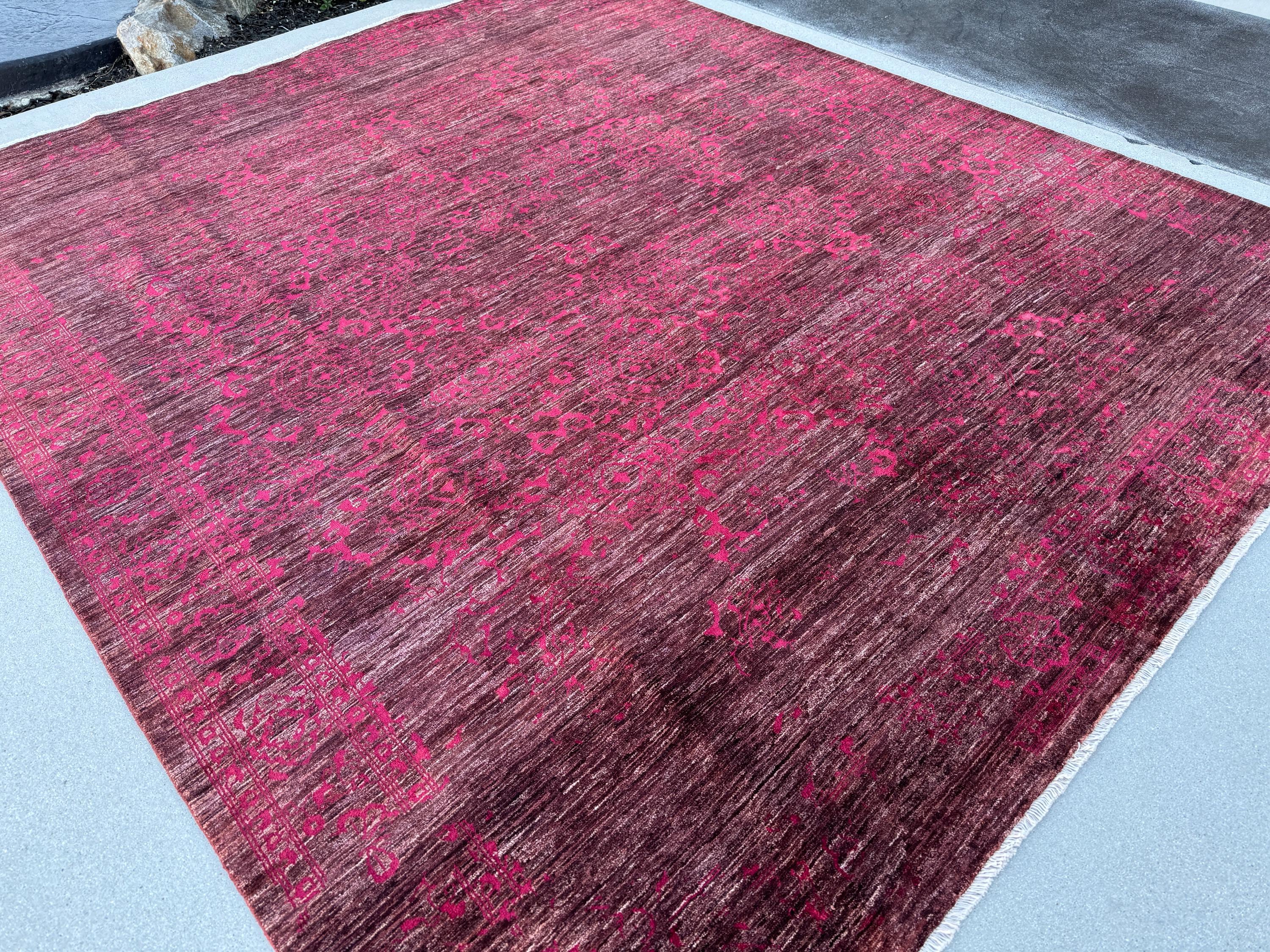 8x10 (256 x 302cm) Handmade Afghan Rug | Crimson Garnet Maroon Brick Blood Red Auburn Ruby Fuchsia Magenta Dusty Rose Pink Mocha Beige Cream