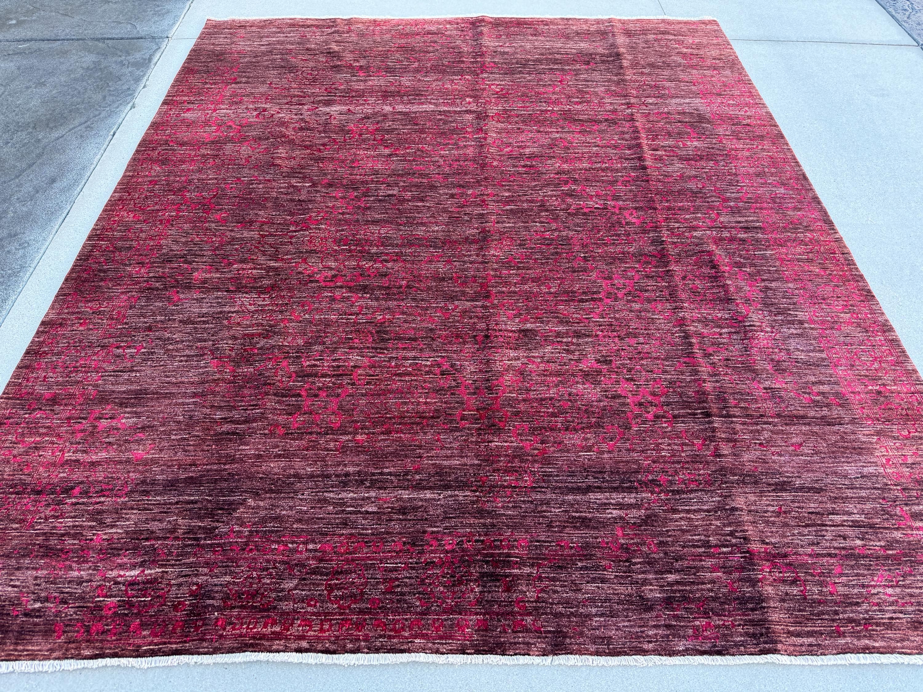 8x10 (256 x 302cm) Handmade Afghan Rug | Crimson Garnet Maroon Brick Blood Red Auburn Ruby Fuchsia Magenta Dusty Rose Pink Mocha Beige Cream