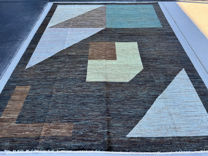 7x10 (226 x 299cm) Handmade Afghan Rug | Black Charcoal Slate Grey Mocha Caramel Brown Powder Blue Teal Forest Green Yellow Lime Cream Ivory