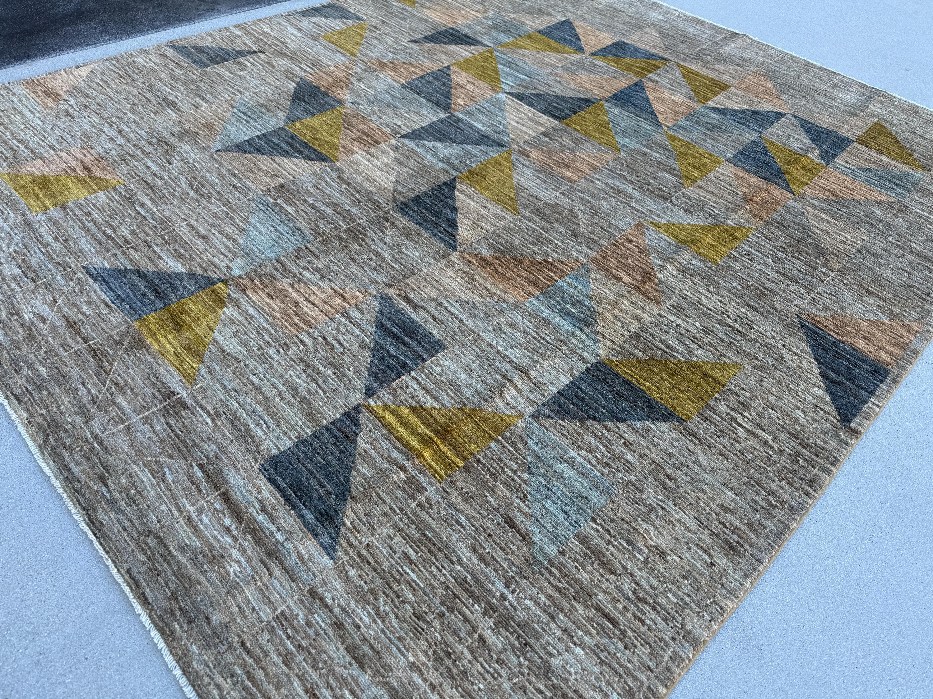 8x10 (254 x 299cm) Handmade Afghan Rug | Charcoal Slate Grey Mocha Caramel Peach Orange Denim Powder Blue Teal Mustard Yellow Cream Ivory