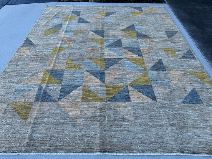 8x10 (254 x 299cm) Handmade Afghan Rug | Charcoal Slate Grey Mocha Caramel Peach Orange Denim Powder Blue Teal Mustard Yellow Cream Ivory