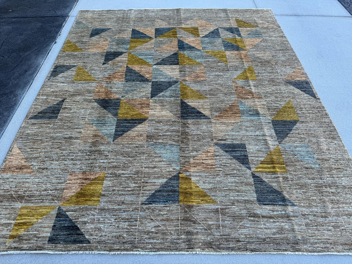 8x10 (254 x 299cm) Handmade Afghan Rug | Charcoal Slate Grey Mocha Caramel Peach Orange Denim Powder Blue Teal Mustard Yellow Cream Ivory