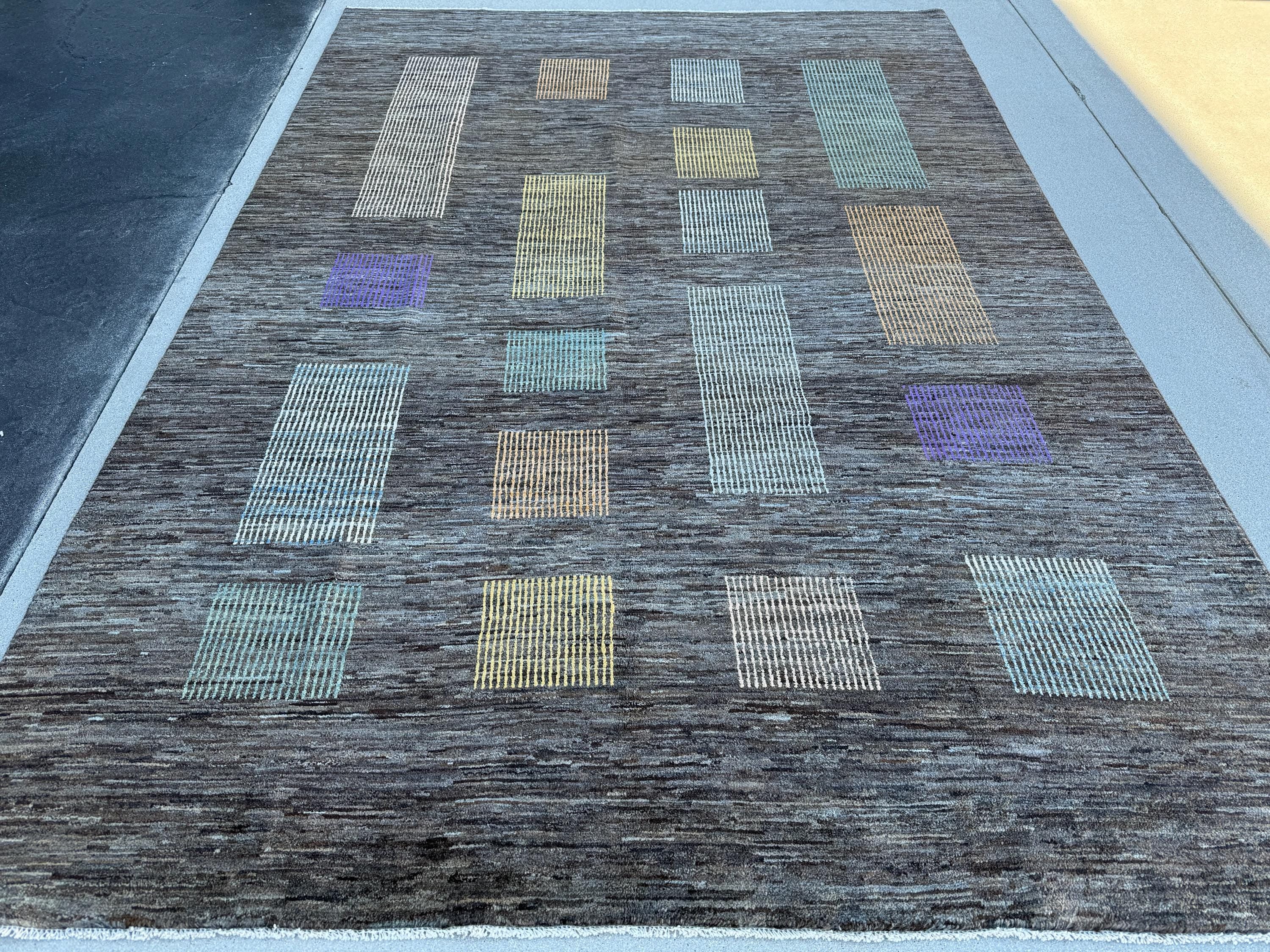 7x10 (210 x 302cm) Handmade Afghan Rug | Charcoal Slate Grey Caramel Peach Orange Powder Blue Teal Violet Purple Gold Yellow Cream Ivory