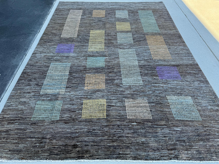 7x10 (210 x 302cm) Handmade Afghan Rug | Charcoal Slate Grey Caramel Peach Orange Powder Blue Teal Violet Purple Gold Yellow Cream Ivory