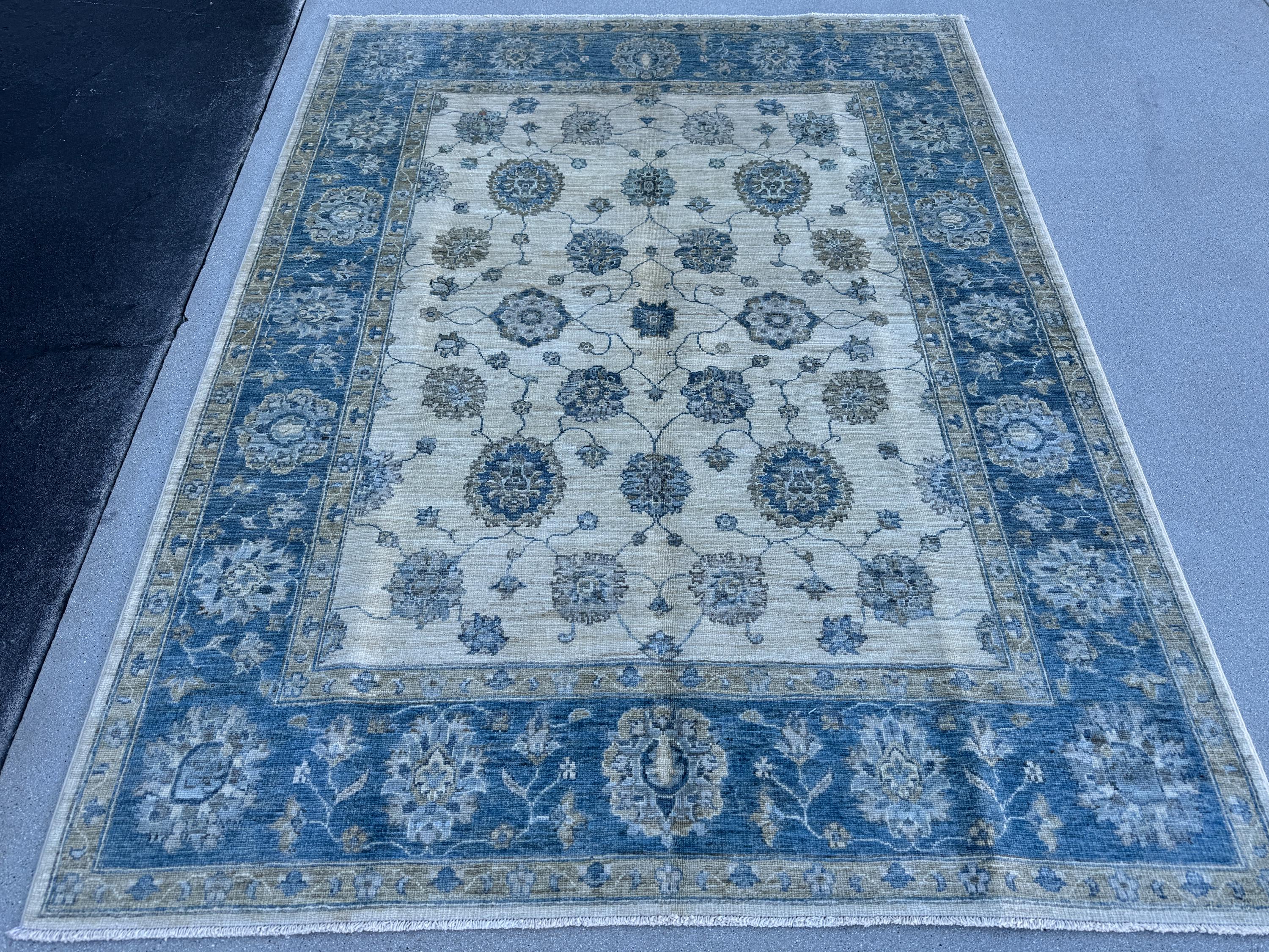 5x7 (160 x 208cm) Handmade Afghan Rug | Ivory Cream Beige Powder Duck Egg Baby Blue Slate Charcoal Grey Taupe | Wool Floral Nursery Persian