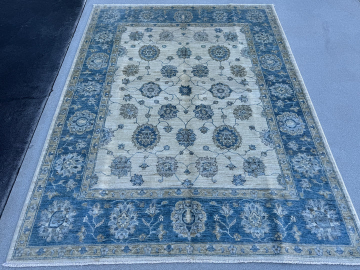 5x7 (160 x 208cm) Handmade Afghan Rug | Ivory Cream Beige Powder Duck Egg Baby Blue Slate Charcoal Grey Taupe | Wool Floral Nursery Persian