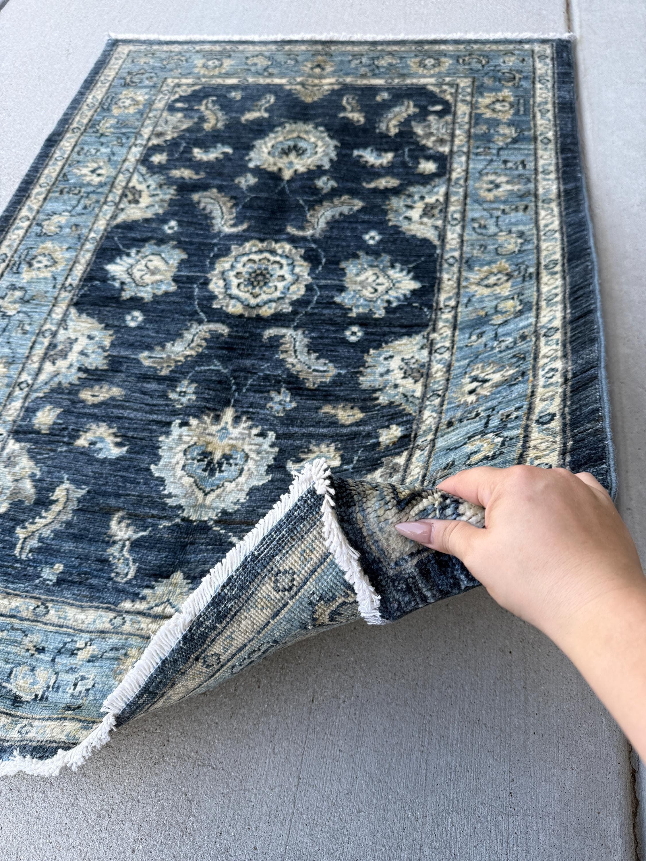 3x4 Handmade Afghan Rug | Dark Navy Denim Sky Blue Beige Ivory Cream Gold Gabbeh Wool Handknotted Tribal Persian Boho Handwoven Traditional