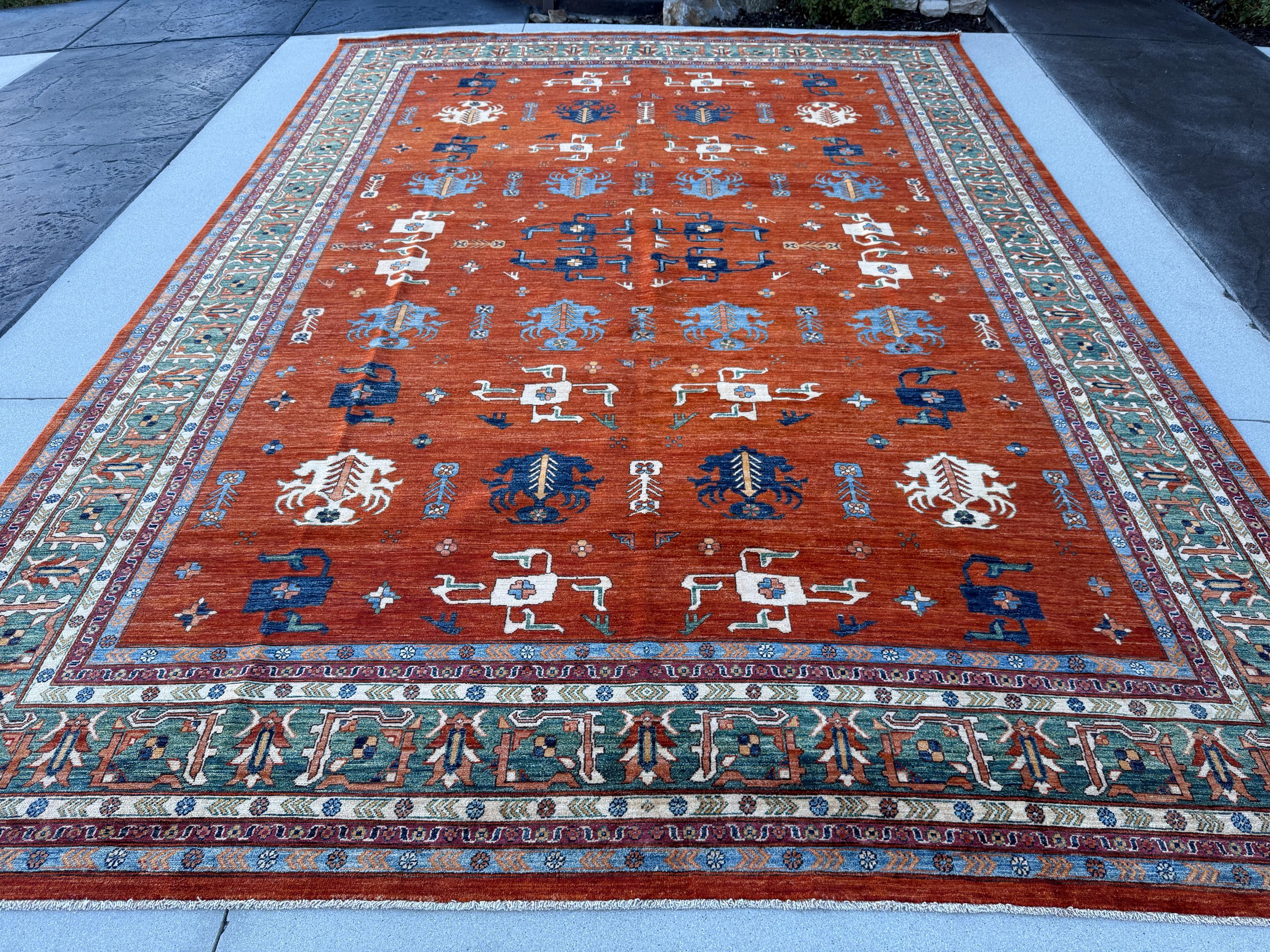 10x13 (304 x 419) Handmade Afghan Rug | Crimson Brick Red Burnt Rust Orange Denim Duck Egg Blue Teal Hazel Green Saffron Gold Beige Ivory