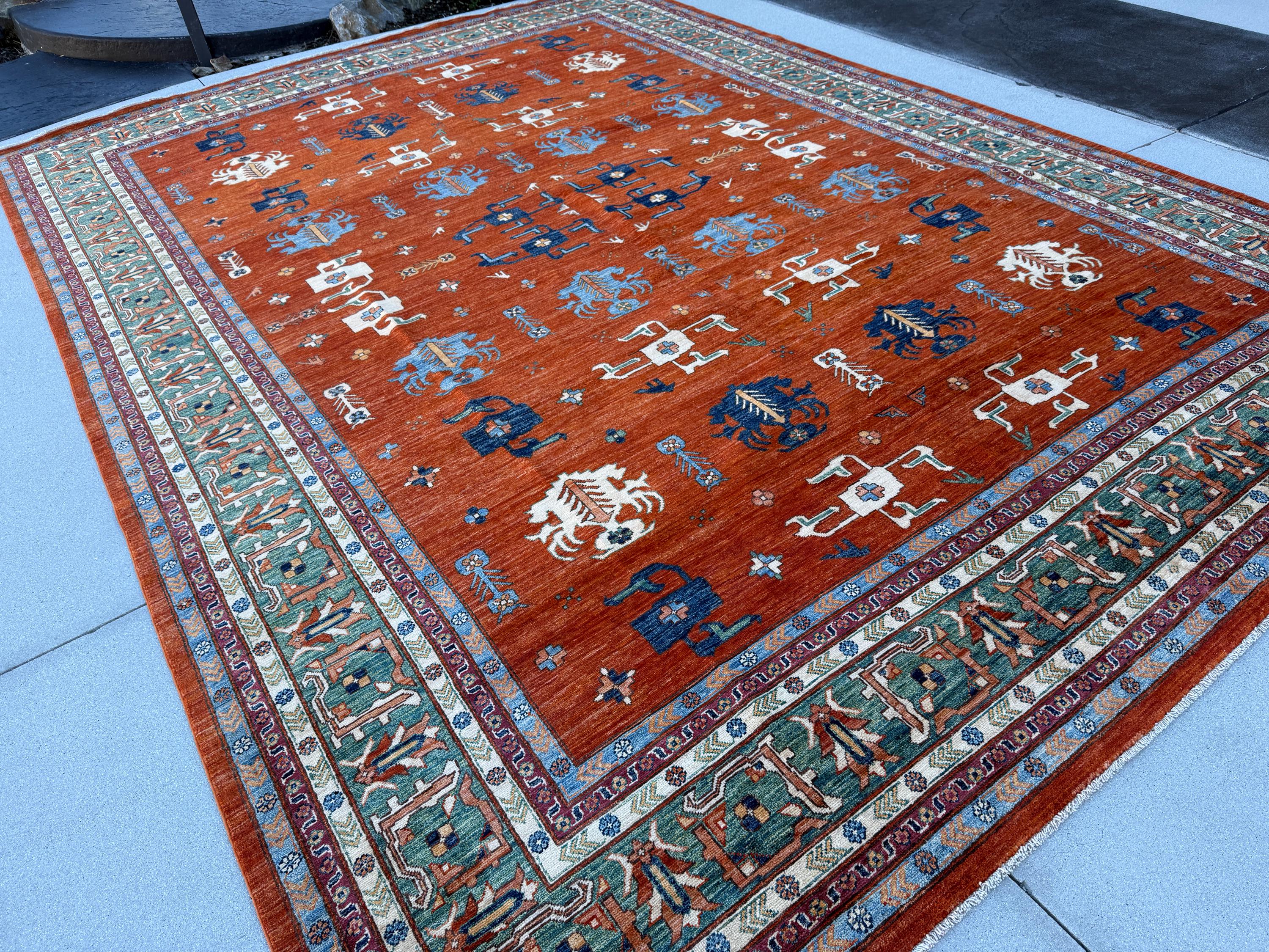 10x13 (304 x 419) Handmade Afghan Rug | Crimson Brick Red Burnt Rust Orange Denim Duck Egg Blue Teal Hazel Green Saffron Gold Beige Ivory