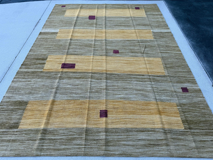 6~7x10 (198x305) Handmade Afghan Kilim Rug | Gold Beige Ivory Plum Purple Burgundy Taupe Sand Brown Tan | Wool Flatweave Flatwoven Outdoor