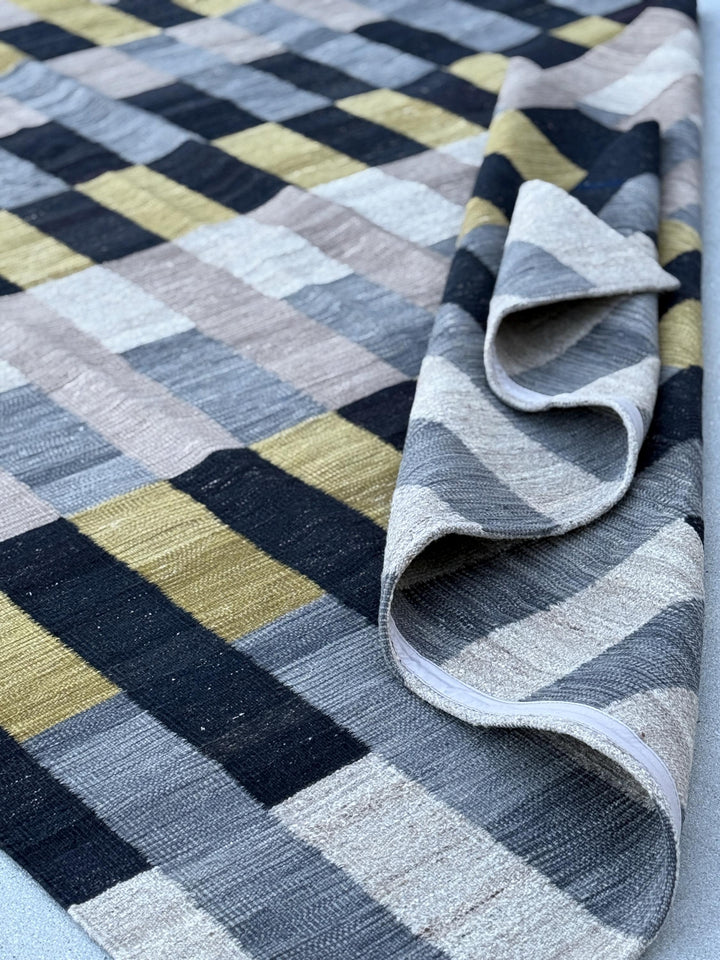 7x10 Handmade Afghan Kilim Rug | Soft Grey Deep Black Mustard Yellow Beige Ivory | Wool Handwoven Handknotted Moroccan Eco-Friendly Abstract