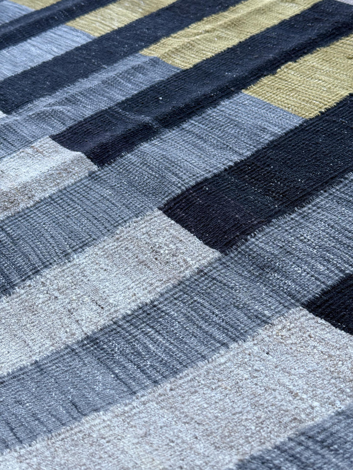 7x10 Handmade Afghan Kilim Rug | Soft Grey Deep Black Mustard Yellow Beige Ivory | Wool Handwoven Handknotted Moroccan Eco-Friendly Abstract