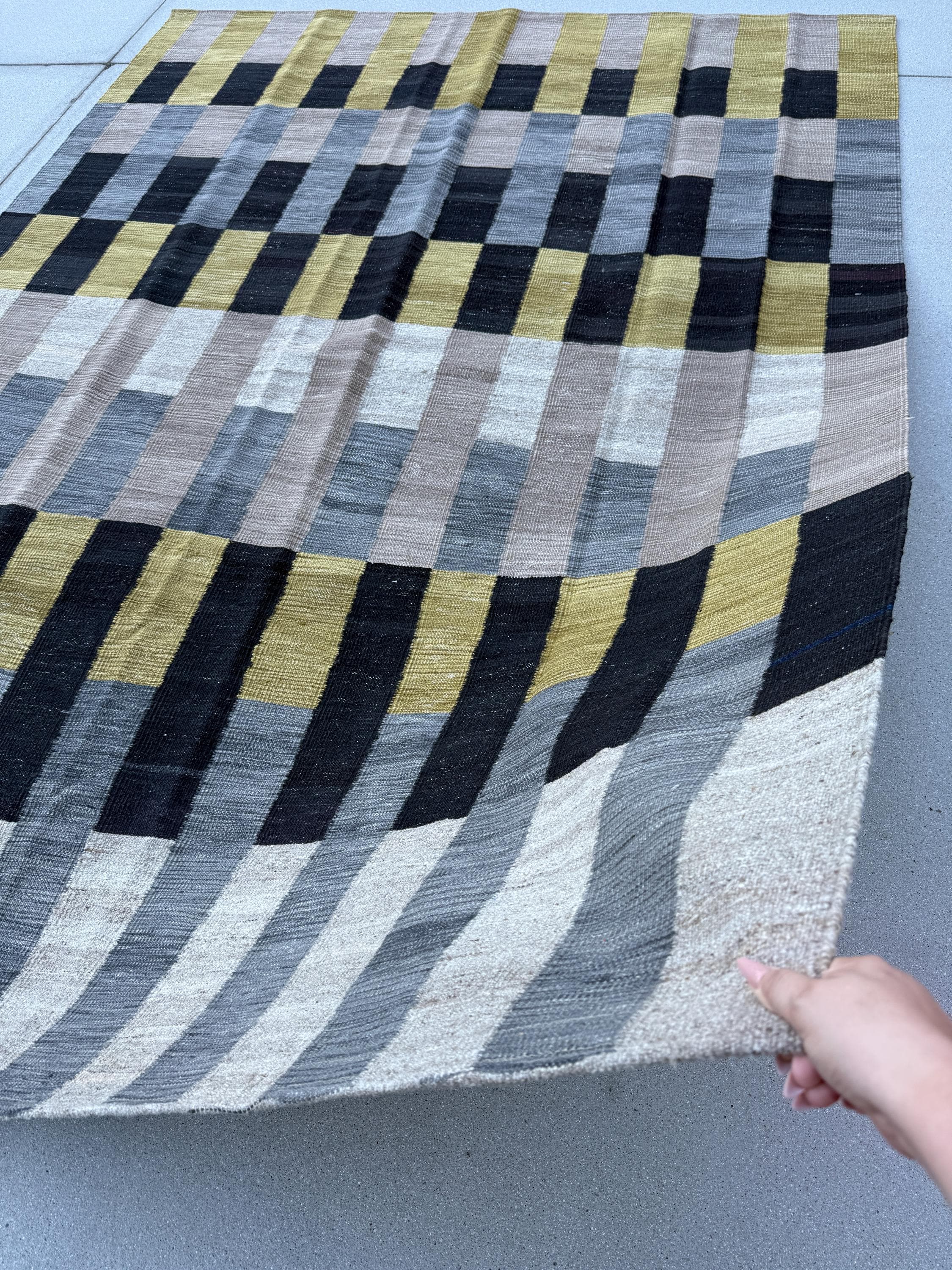 7x10 Handmade Afghan Kilim Rug | Soft Grey Deep Black Mustard Yellow Beige Ivory | Wool Handwoven Handknotted Moroccan Eco-Friendly Abstract