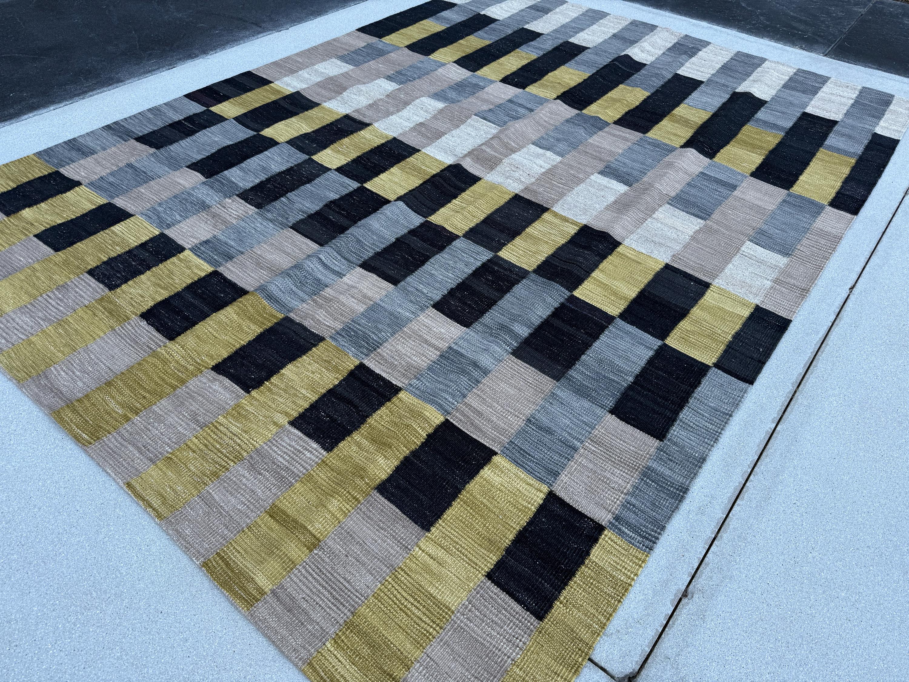 7x10 Handmade Afghan Kilim Rug | Soft Grey Deep Black Mustard Yellow Beige Ivory | Wool Handwoven Handknotted Moroccan Eco-Friendly Abstract