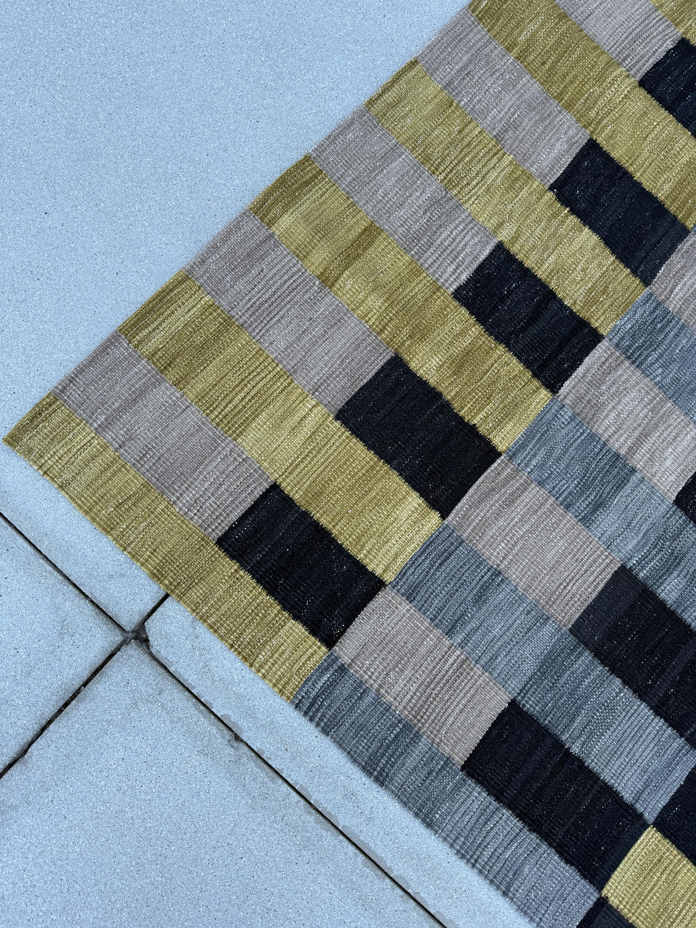 7x10 Handmade Afghan Kilim Rug | Soft Grey Deep Black Mustard Yellow Beige Ivory | Wool Handwoven Handknotted Moroccan Eco-Friendly Abstract