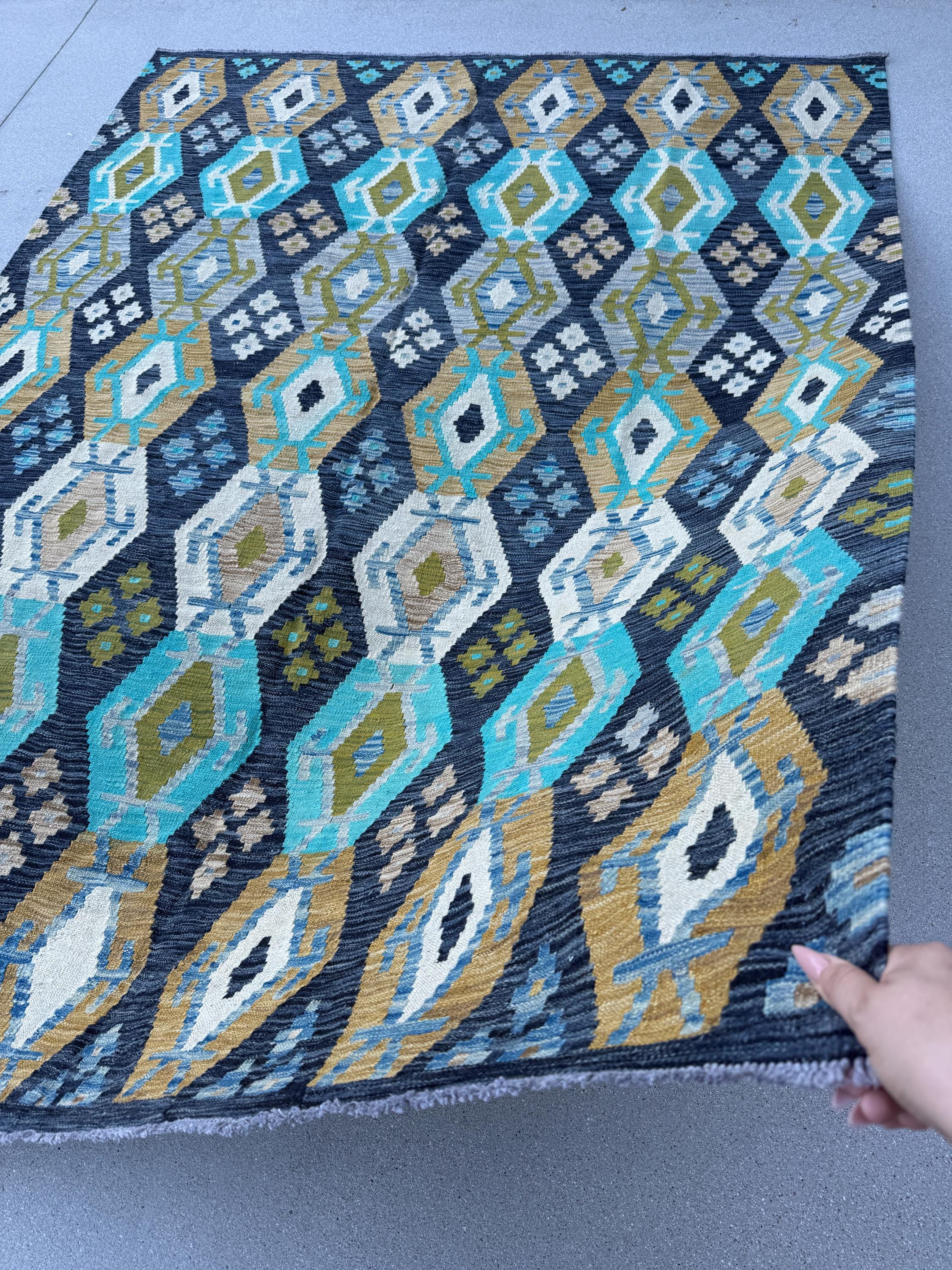 6x8 Handmade Afghan Kilim Rug | Turquoise Teal Navy Sky Blue Olive Green Golden Yellow Taupe Brown Flatweave Flatwoven Bohemian Wool Outdoor