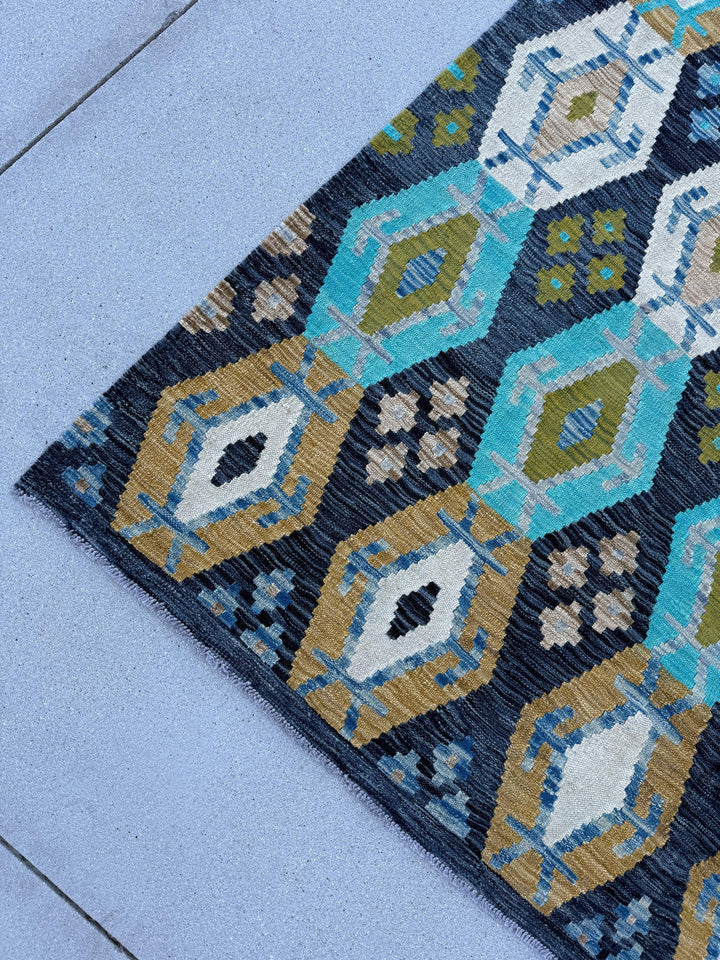 6x8 Handmade Afghan Kilim Rug | Turquoise Teal Navy Sky Blue Olive Green Golden Yellow Taupe Brown Flatweave Flatwoven Bohemian Wool Outdoor